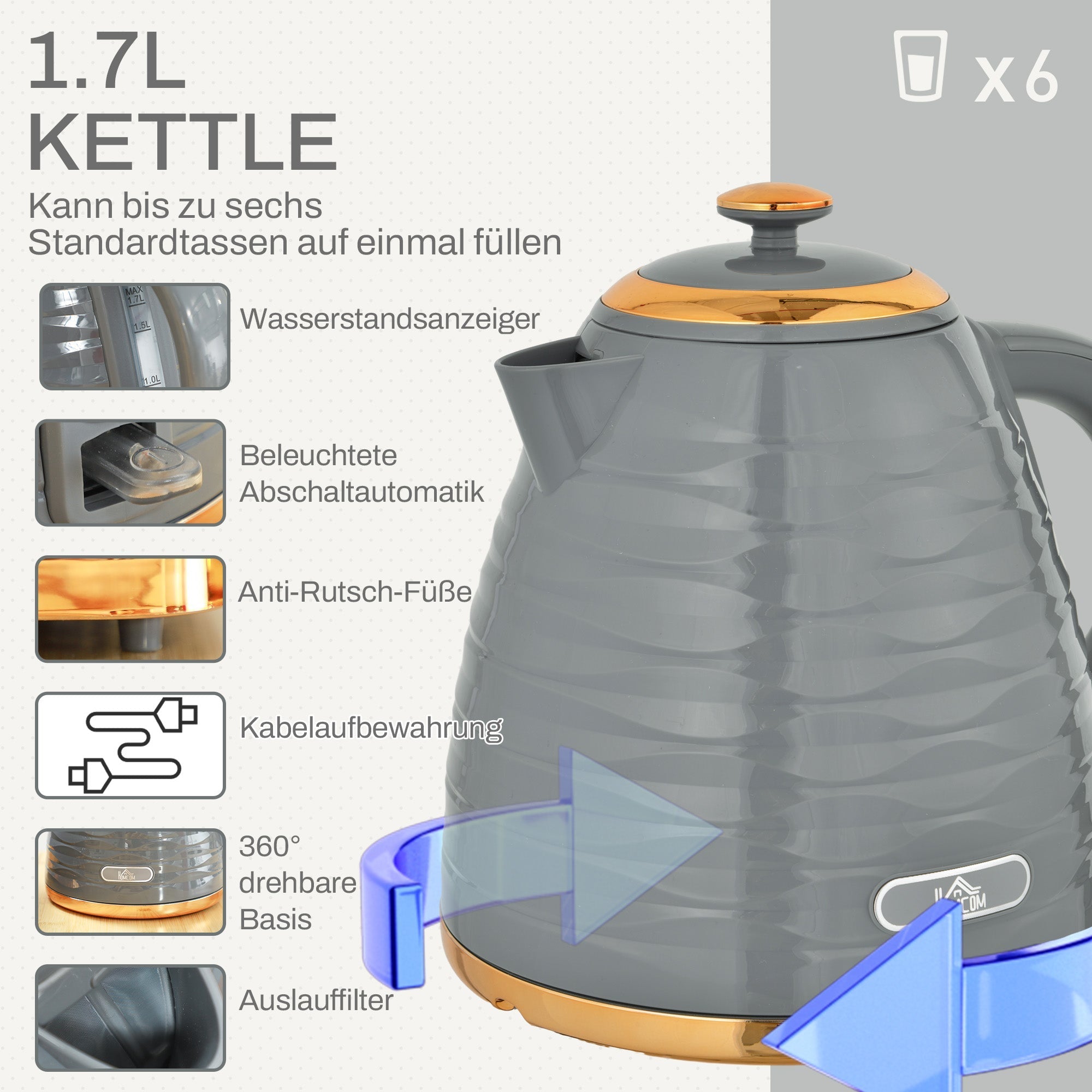 Breakfast Set 1.7L Kettle 4 Slice Toaster 3000W 7 Browning Levels Defrost Reheat Grey