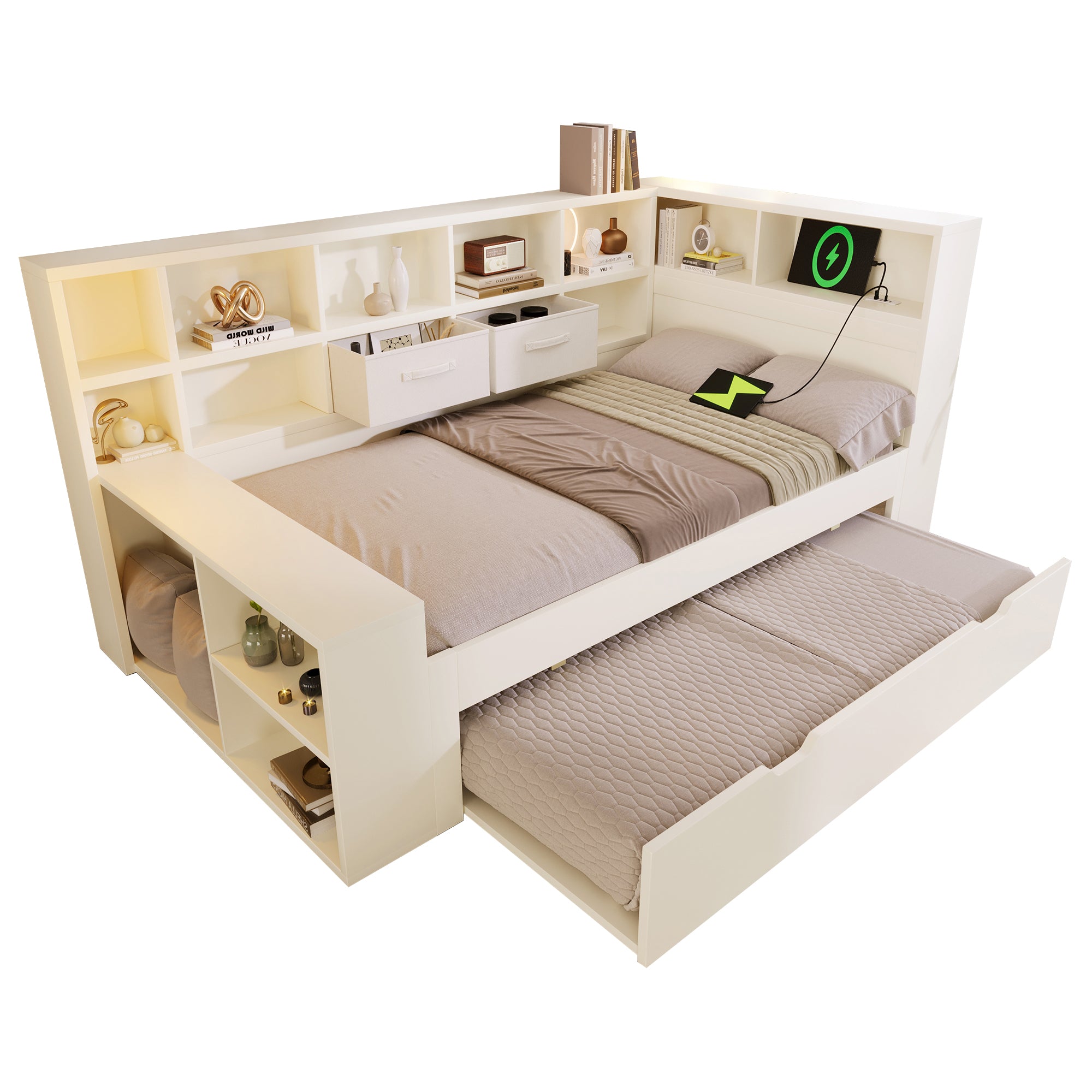 Single Bed 90x190 Pull-out Bed Storage USB/Type-C Charging White Wood