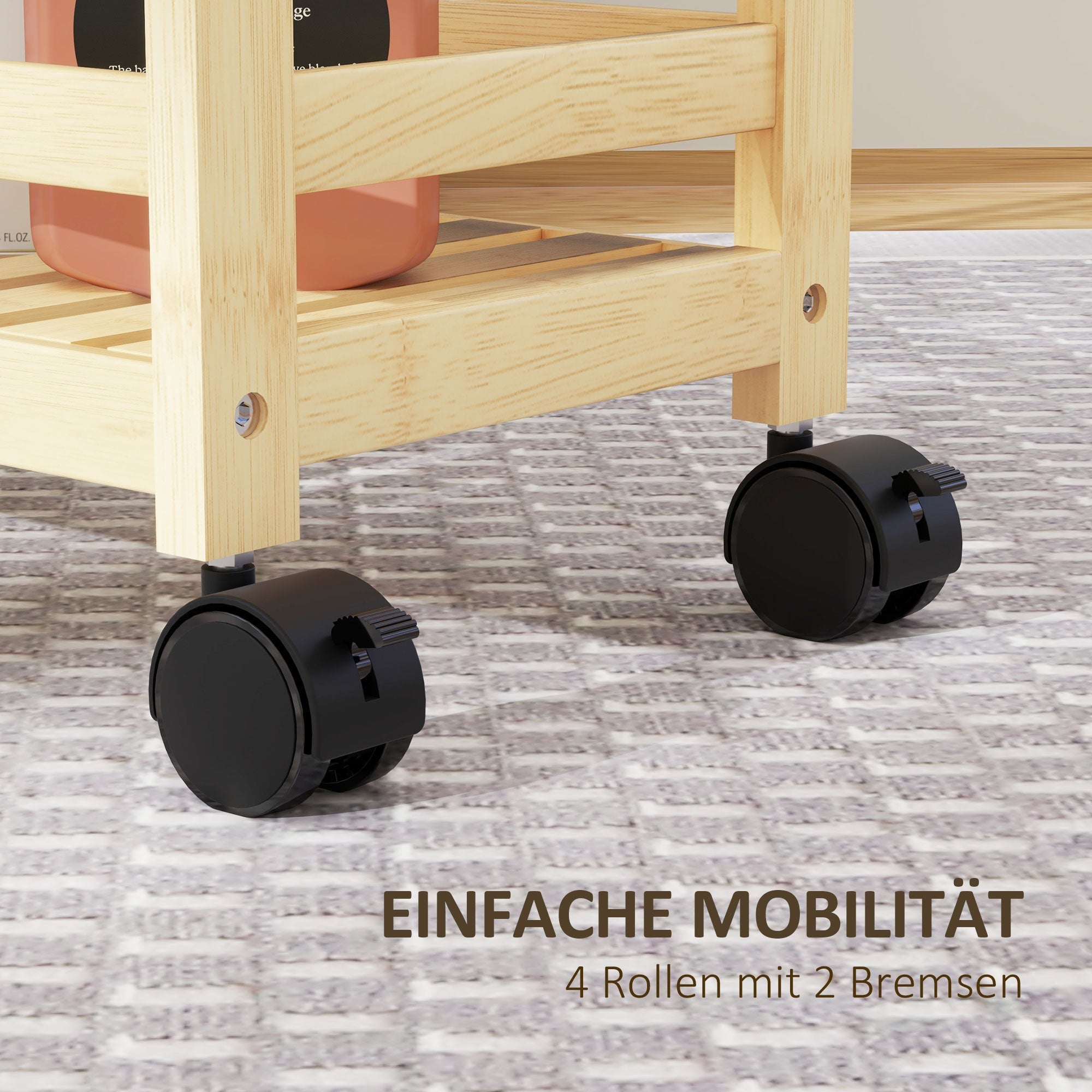 3-Tier Serving Cart, Wheels & Handle, Natural Wood