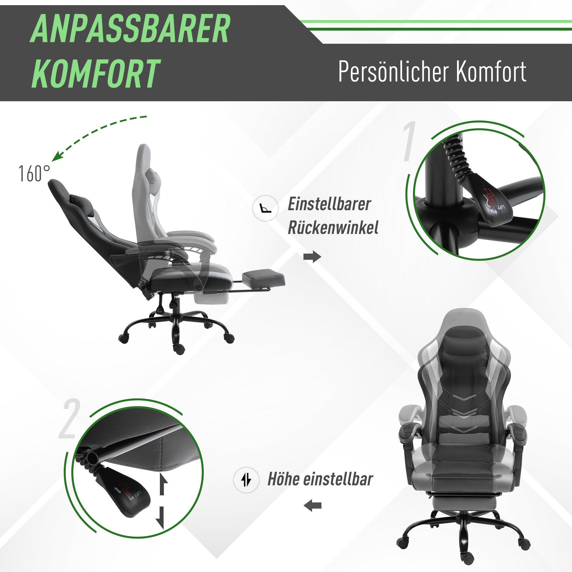 Vinsetto Gaming Chair, Ergonomic, Height-adjustable, Black