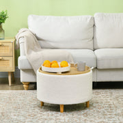 Ottoman Round Upholstered Storage Hinged Lid Wooden Legs, White