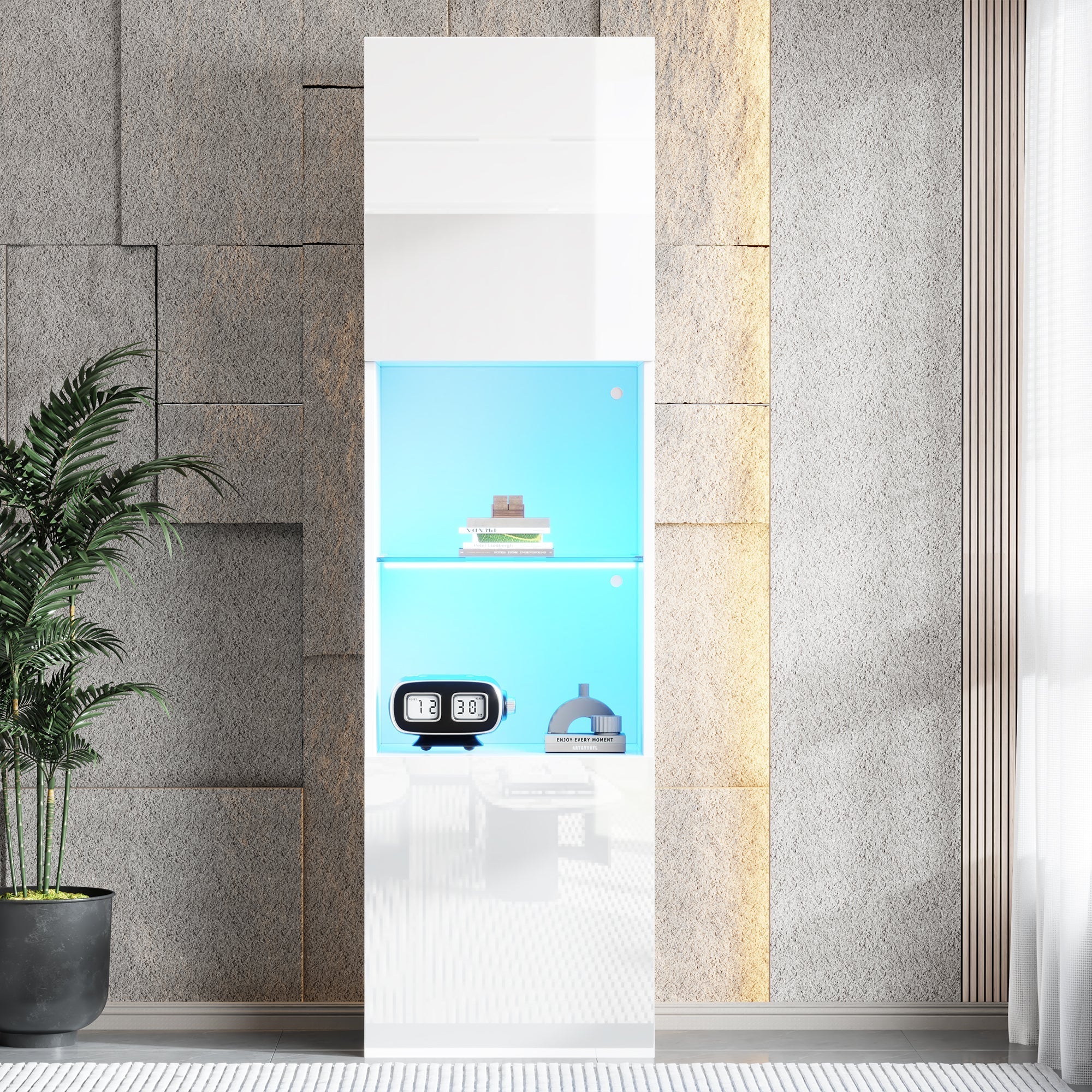Display Cabinet with LED Lighting, 1 Glass Shelf, 45x35x160 cm, High-Gloss White