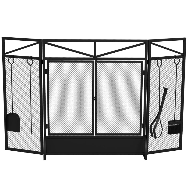 3 Panel Folding Fire Guard Screen, Tool Sets Front Doors, Black Metal
