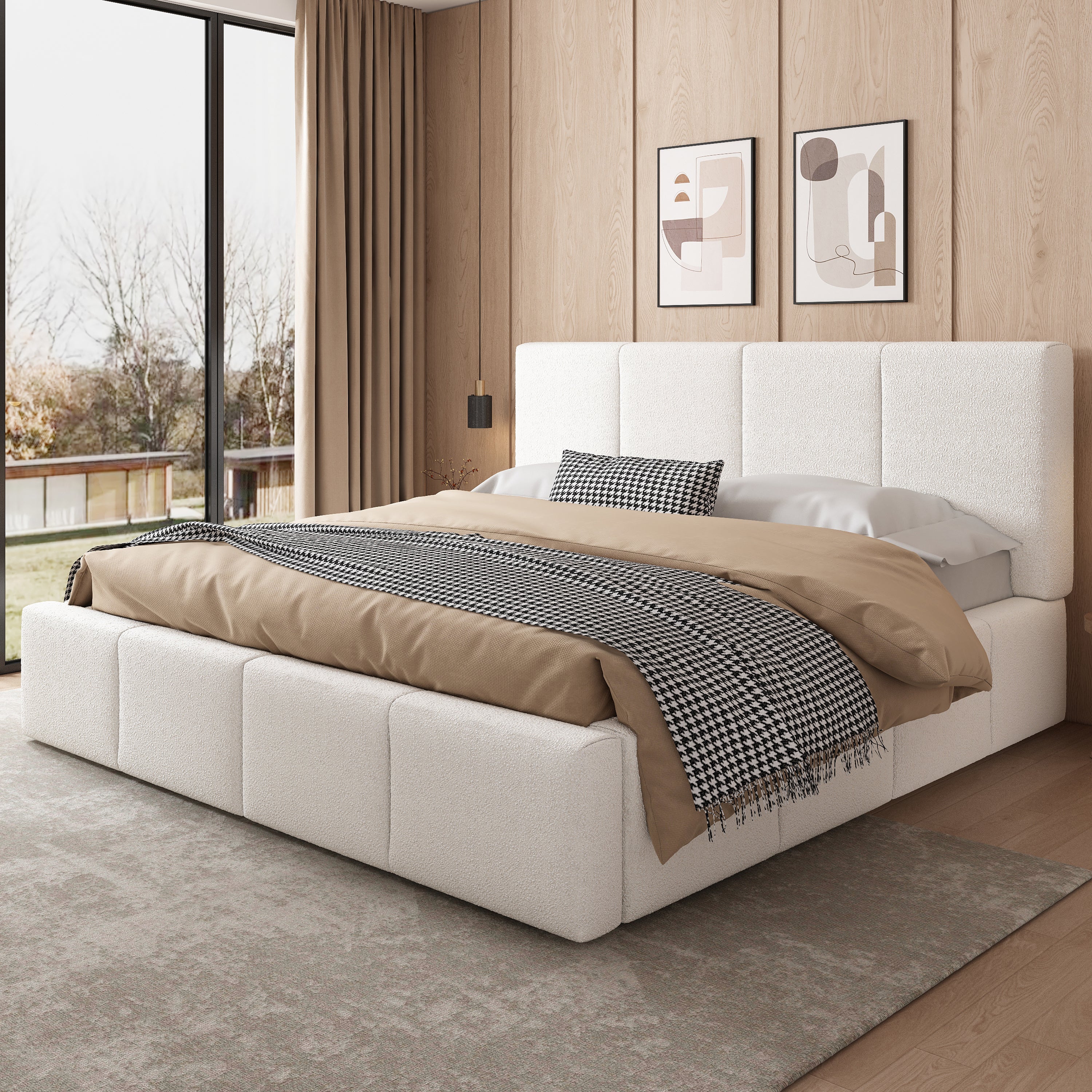 Upholstered Double Bed with Hydraulic Storage and Slatted Frame, 180x200cm, Beige Bouclé