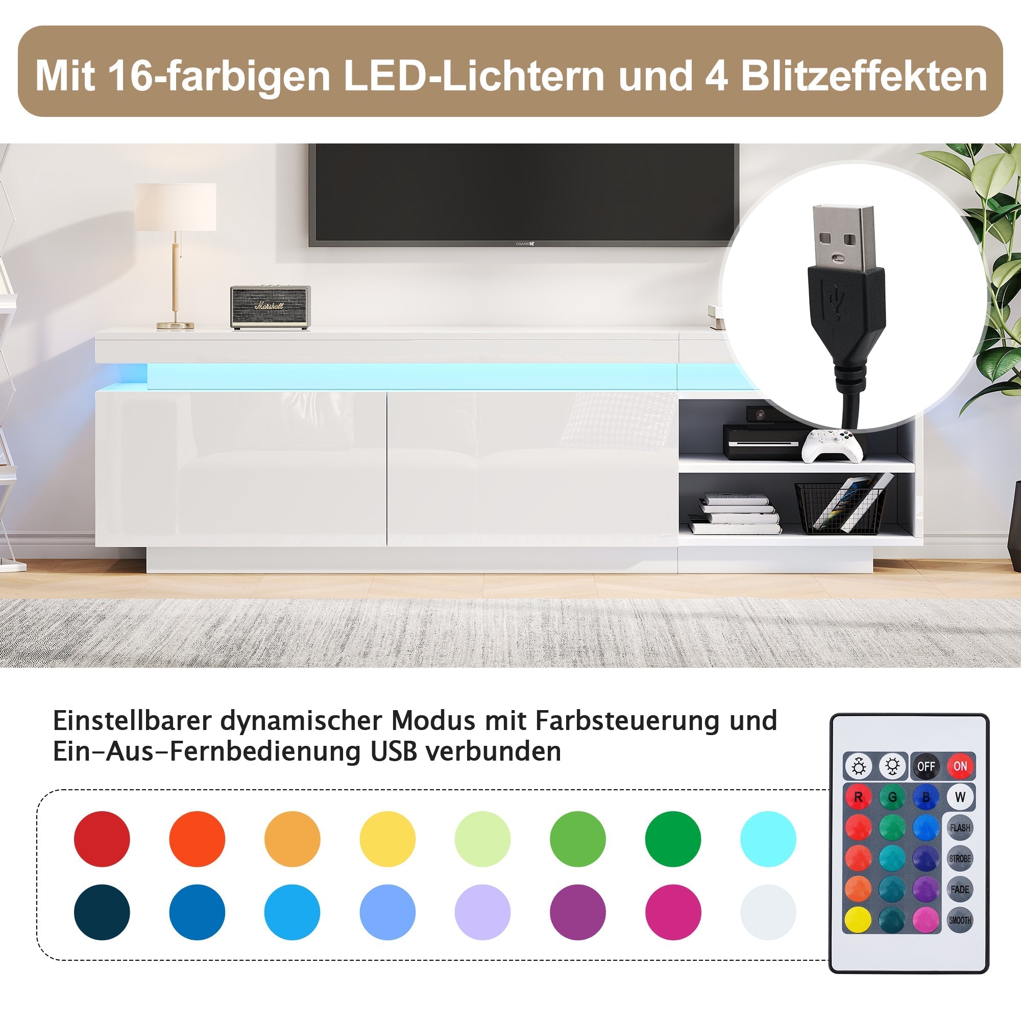 Lowboard TV Cabinet, 70-inch, High-Gloss LED, White