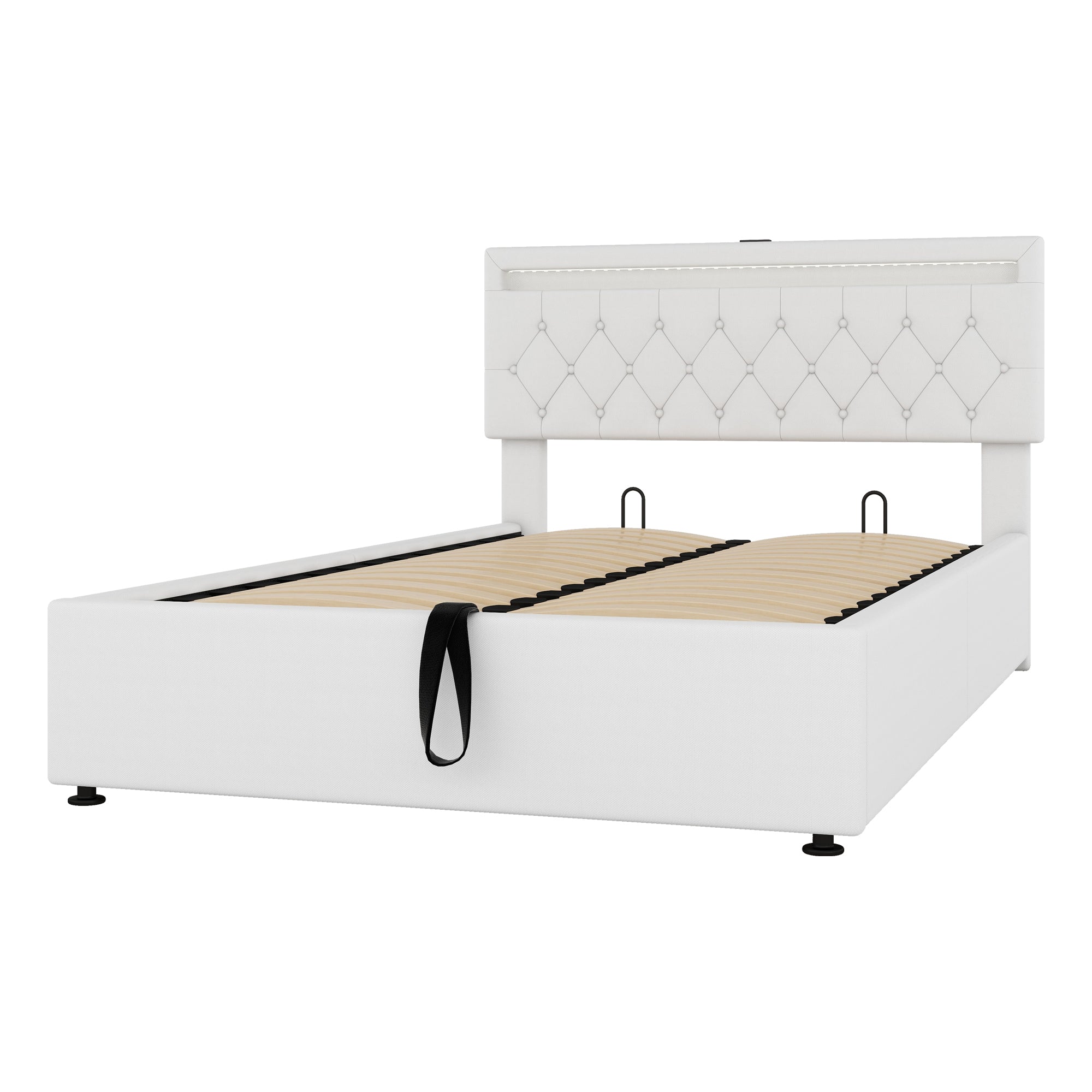 Upholstered Bed 140x200cm Adjustable Ambient Light USB/Type-C Storage - White