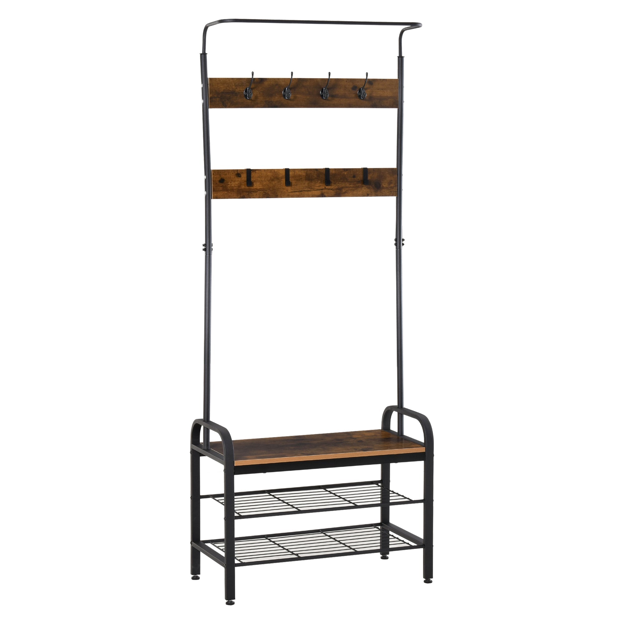 Coat Rack Stand Shoe Rack Storage Cabinet with Removable Hooks, Metal and Wood, Rustic Brown