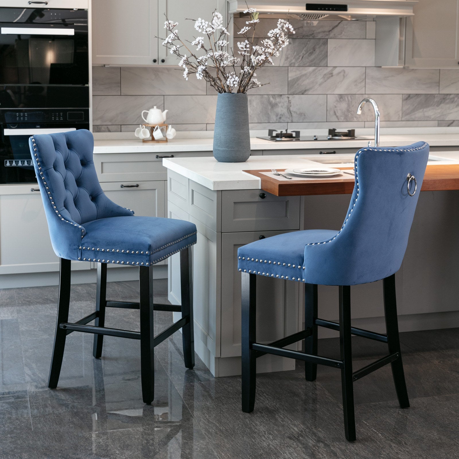 Barstools Set of 2 Velvet Upholstered Button Tufted Wooden Legs - Blue