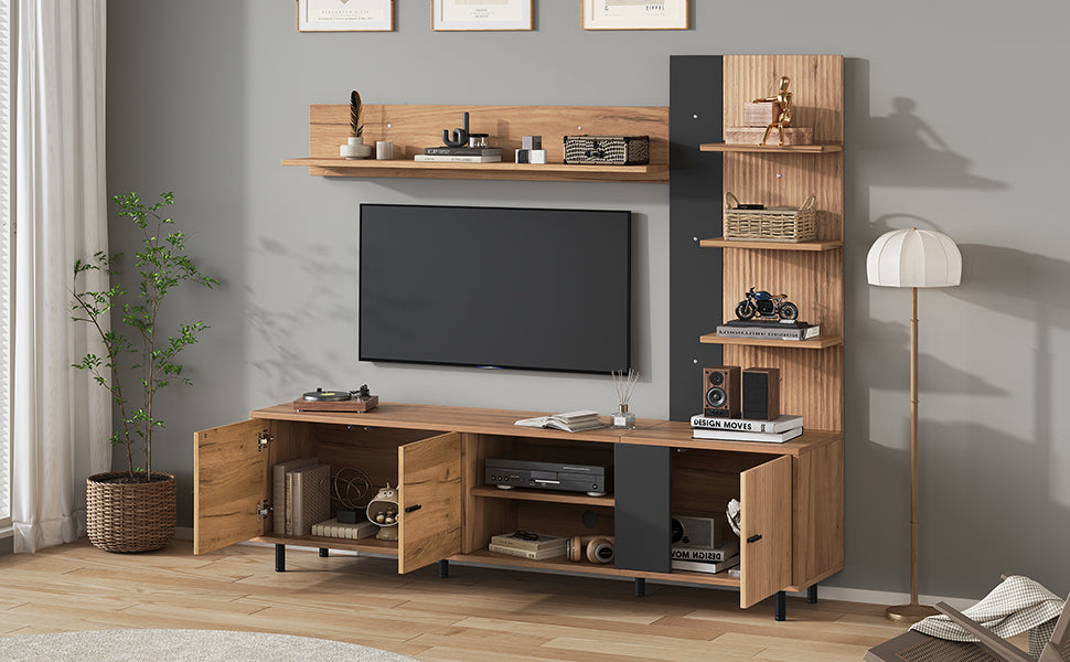 TV Wall Unit Set with Display Cabinet and Open Shelves for TV up to 80", Wood Color and Black