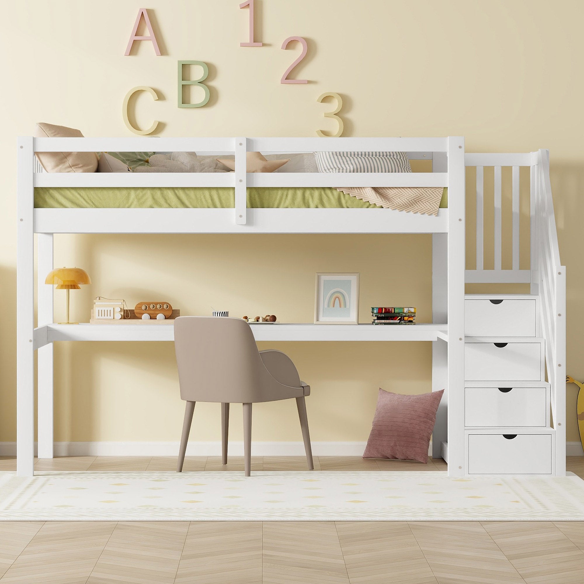 Loft Bed 90x200 Storage Drawers Under-Bed Desk - White