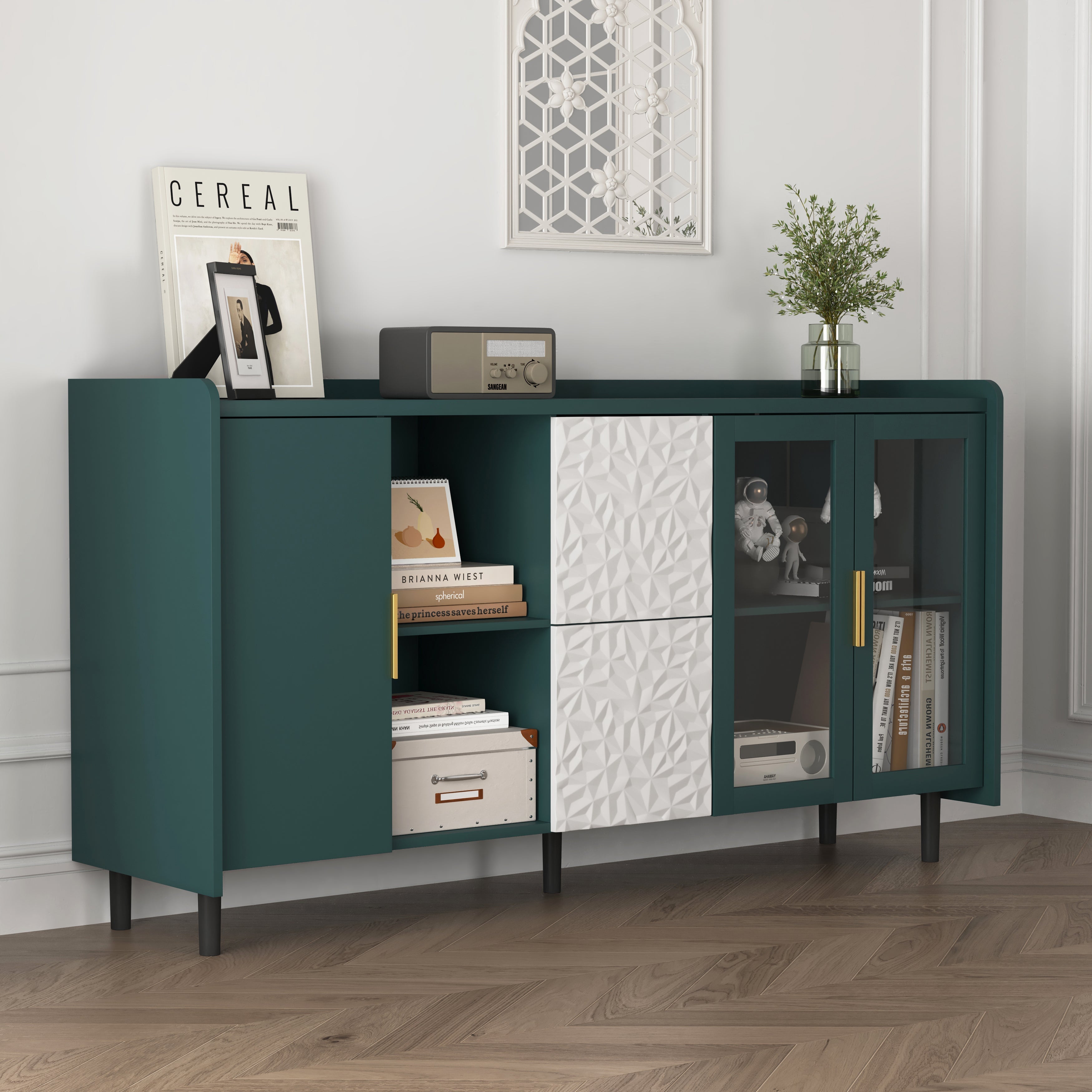 Modern Pantry Cabinet 55-inch with 2 Drawers 2 Glass Doors & Shelves - Green