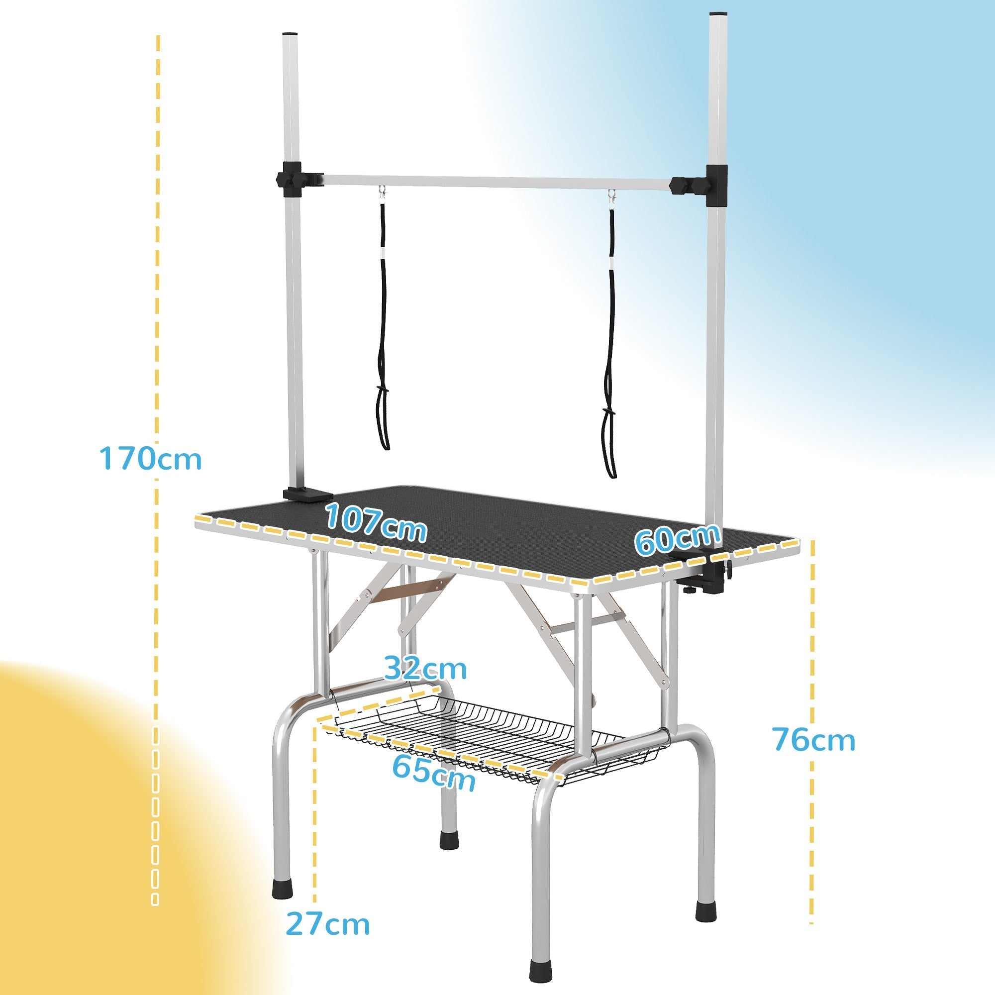 Grooming Table, Height Adjustable Foldable with Basket, Black