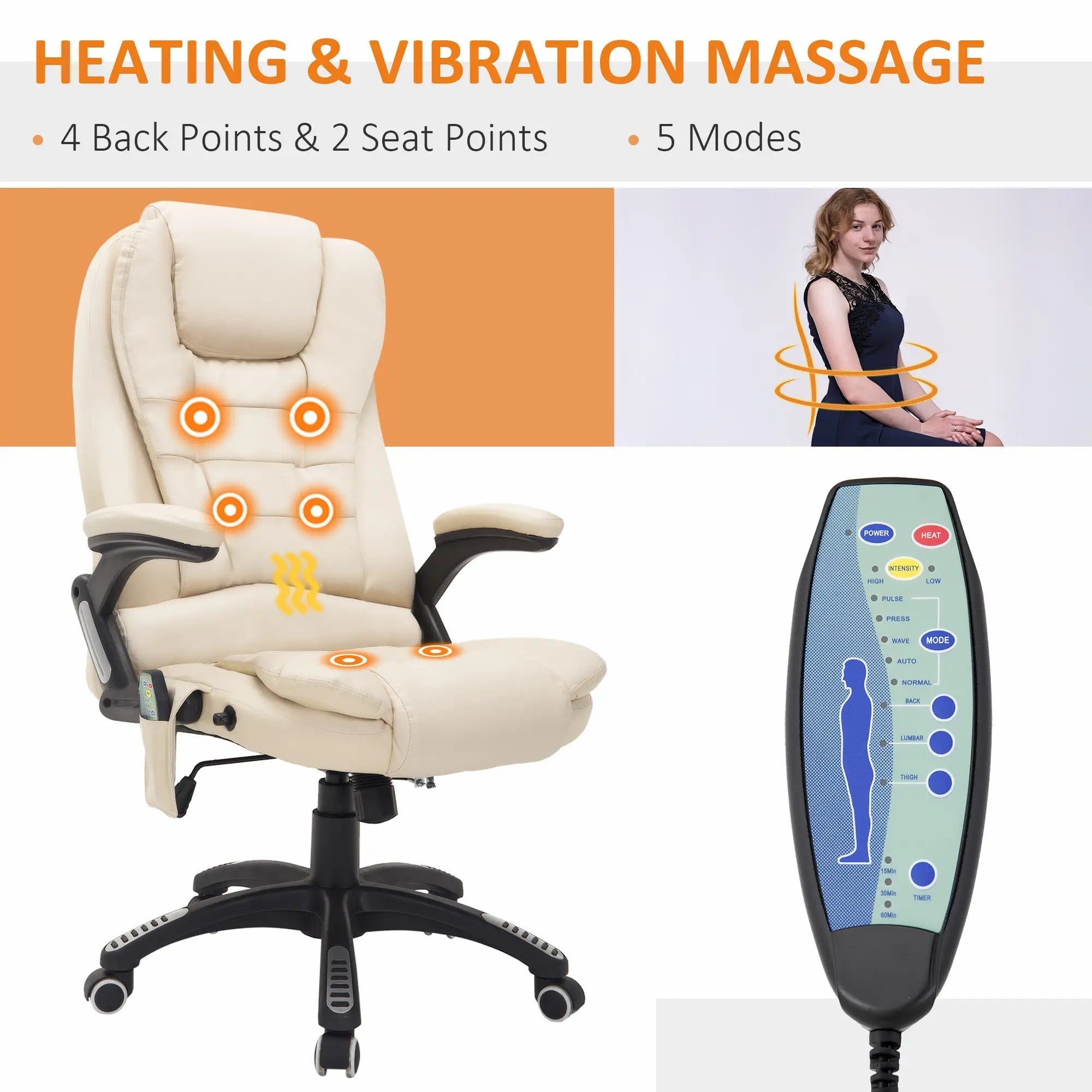 6-Point Massage Office Chair, Heated High Back Executive Desk Adjustable Swivel, PU Leather Beige
