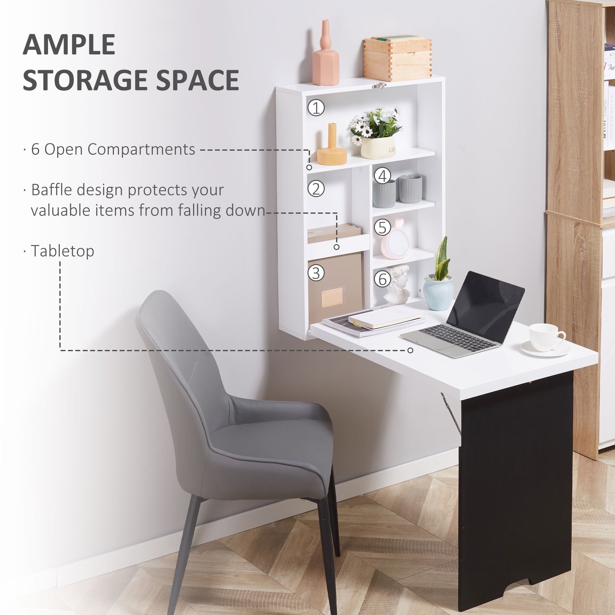 Folding Wall-Mounted Drop-Leaf Table Convertible Chalkboard Storage Floating Desk White