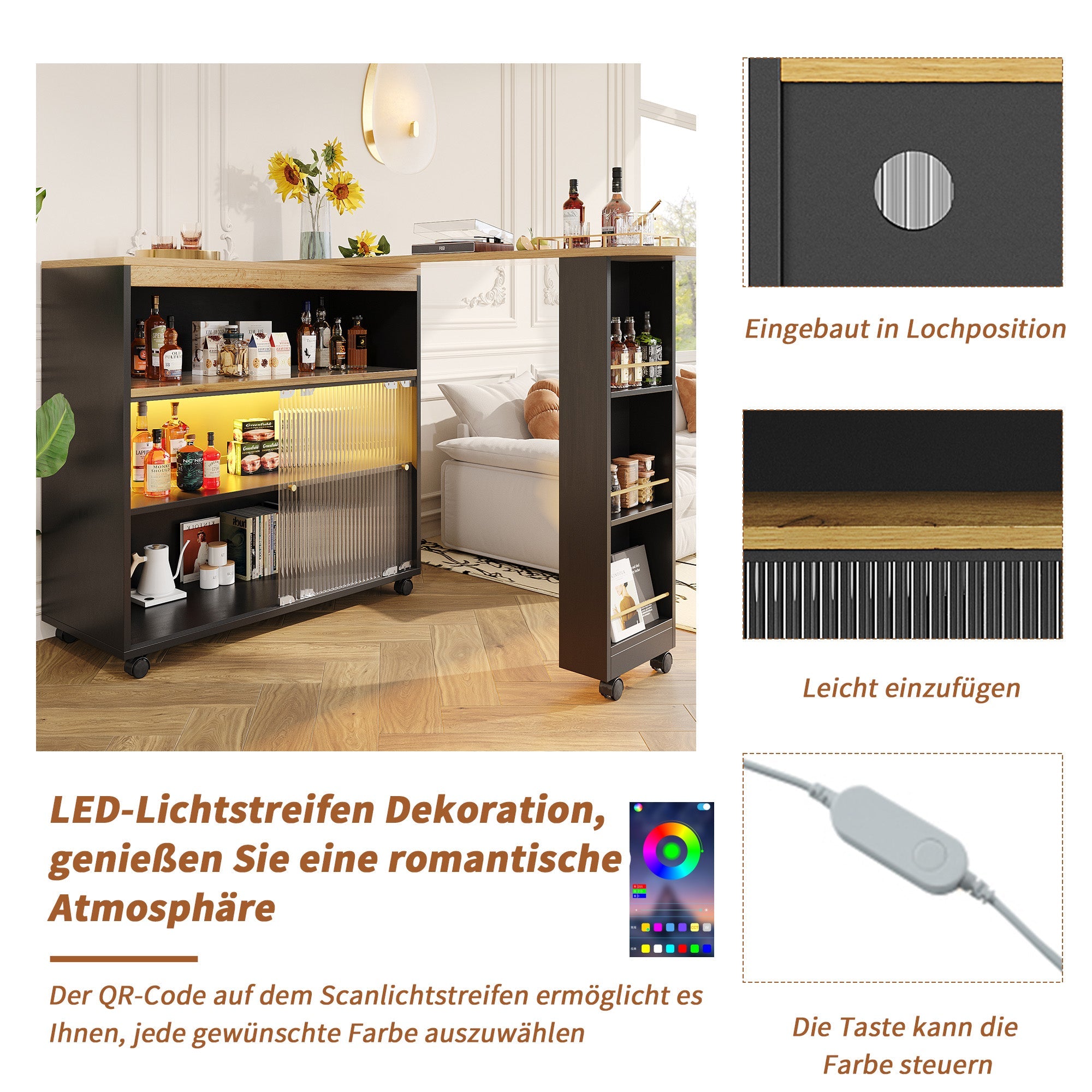 Extendable Bar Table Telescopic with LED Light Storage Cabinet Black