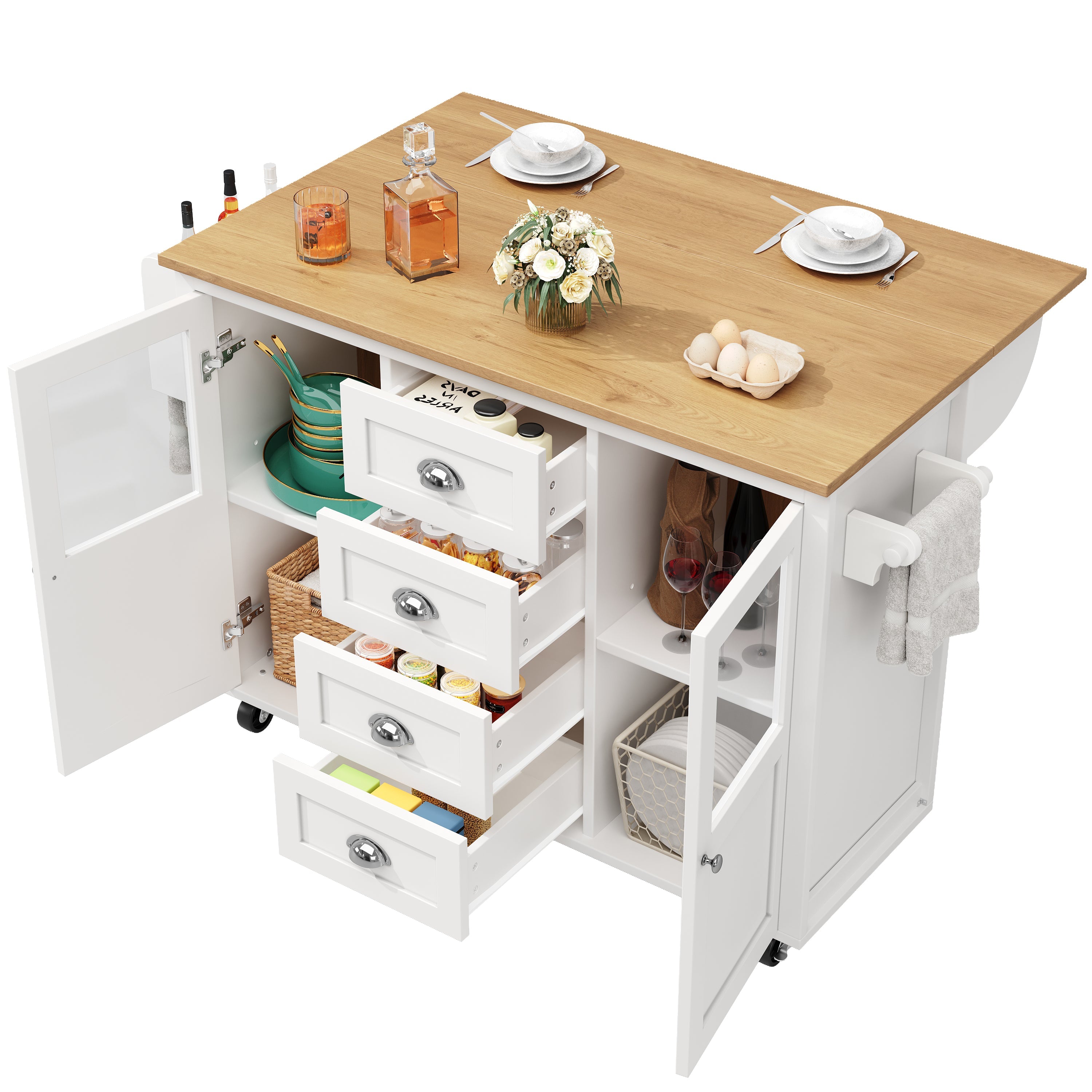 Kitchen Island with Extendable Trolley and Storage Drawers, White/Black