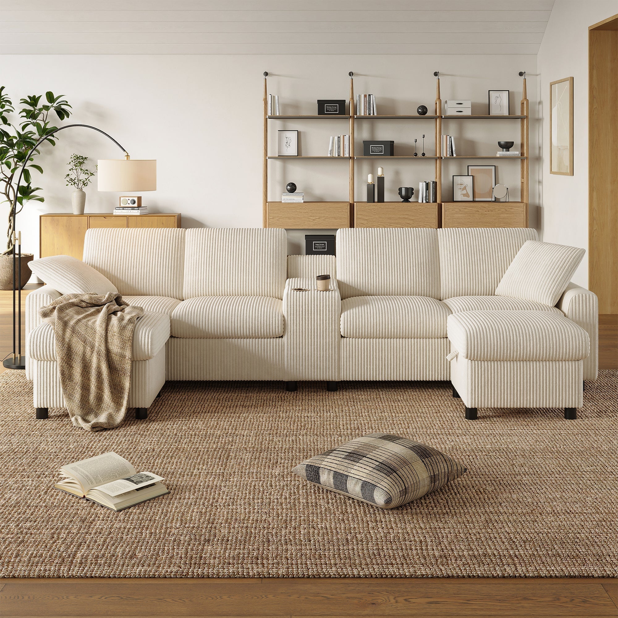 U-shaped Sofa with Storage Footstools, Coffee Table, USB/Type-C Ports, Beige Corduroy