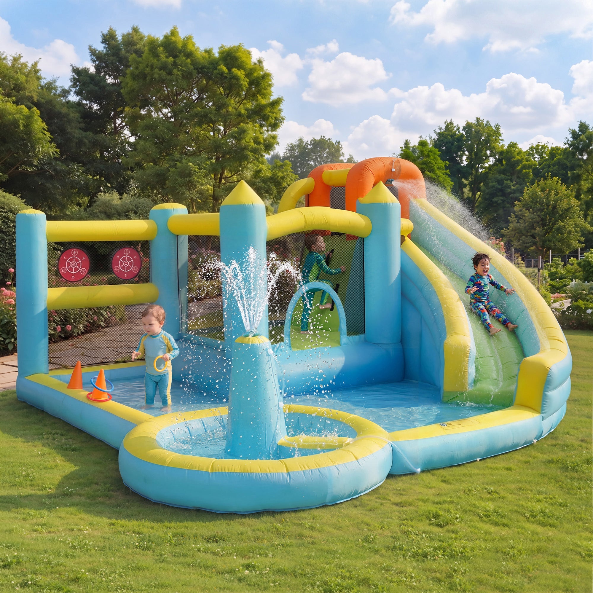 Children's Bouncy Castle Water Park with Slide, Pool and Blower, 430x390x210cm, Inflatable Multi-color