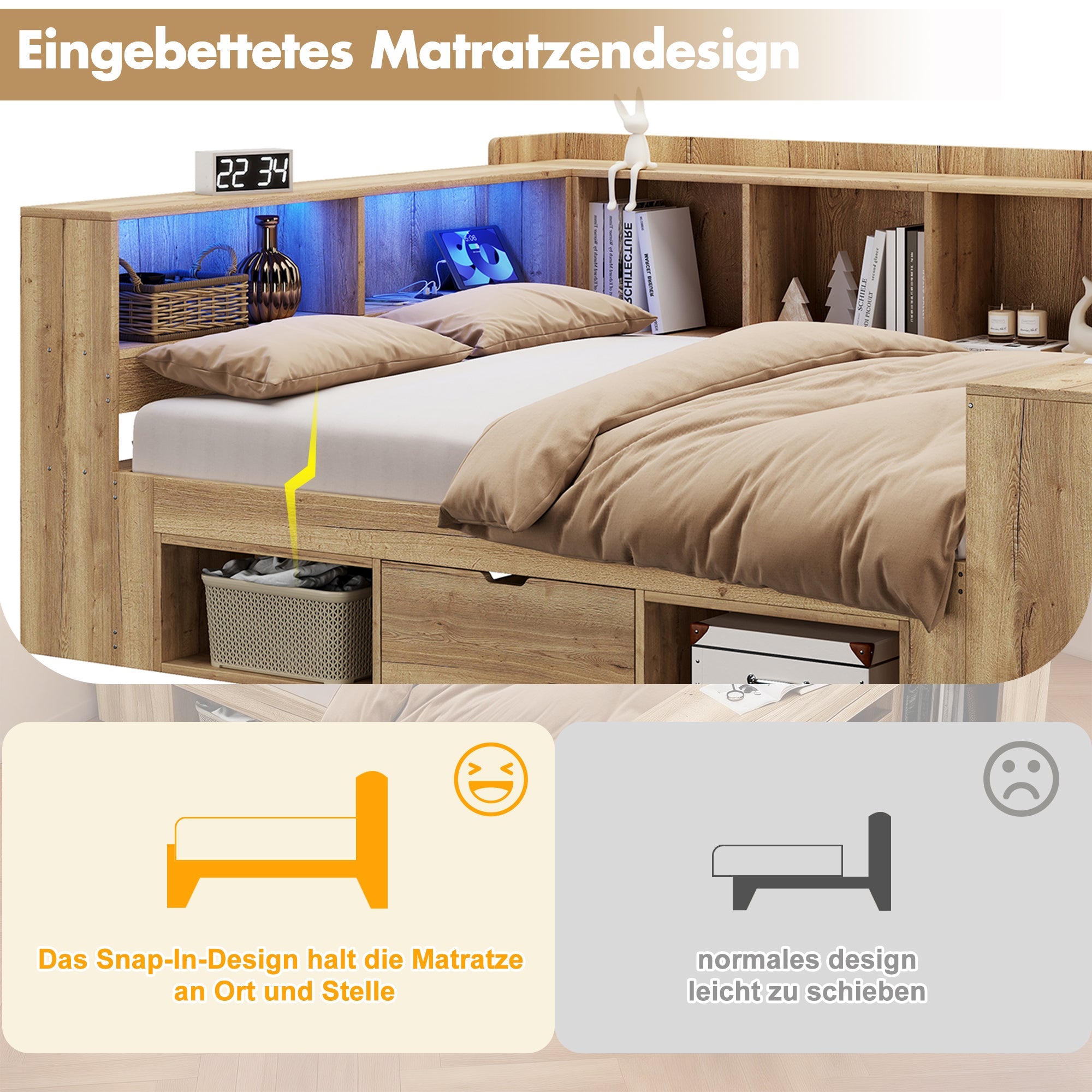 L-Shaped Wooden Platform Bed with LED, USB, Desk, Shelves and Drawers, 90x200cm, Natural Color