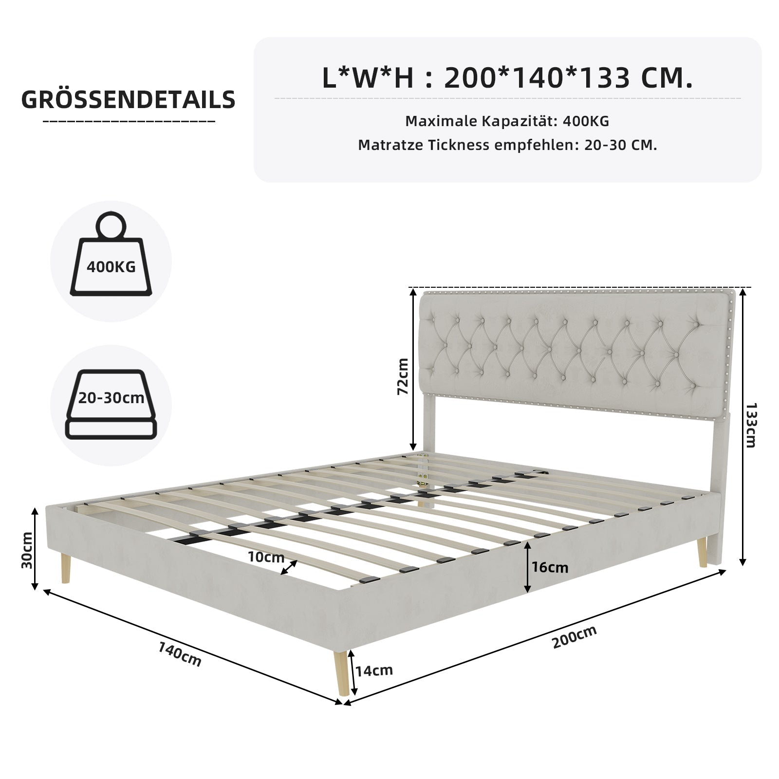 Modern Minimalist Soft Bed, Comfortable Headboard, Low Box Frame, 140x200CM, Beige