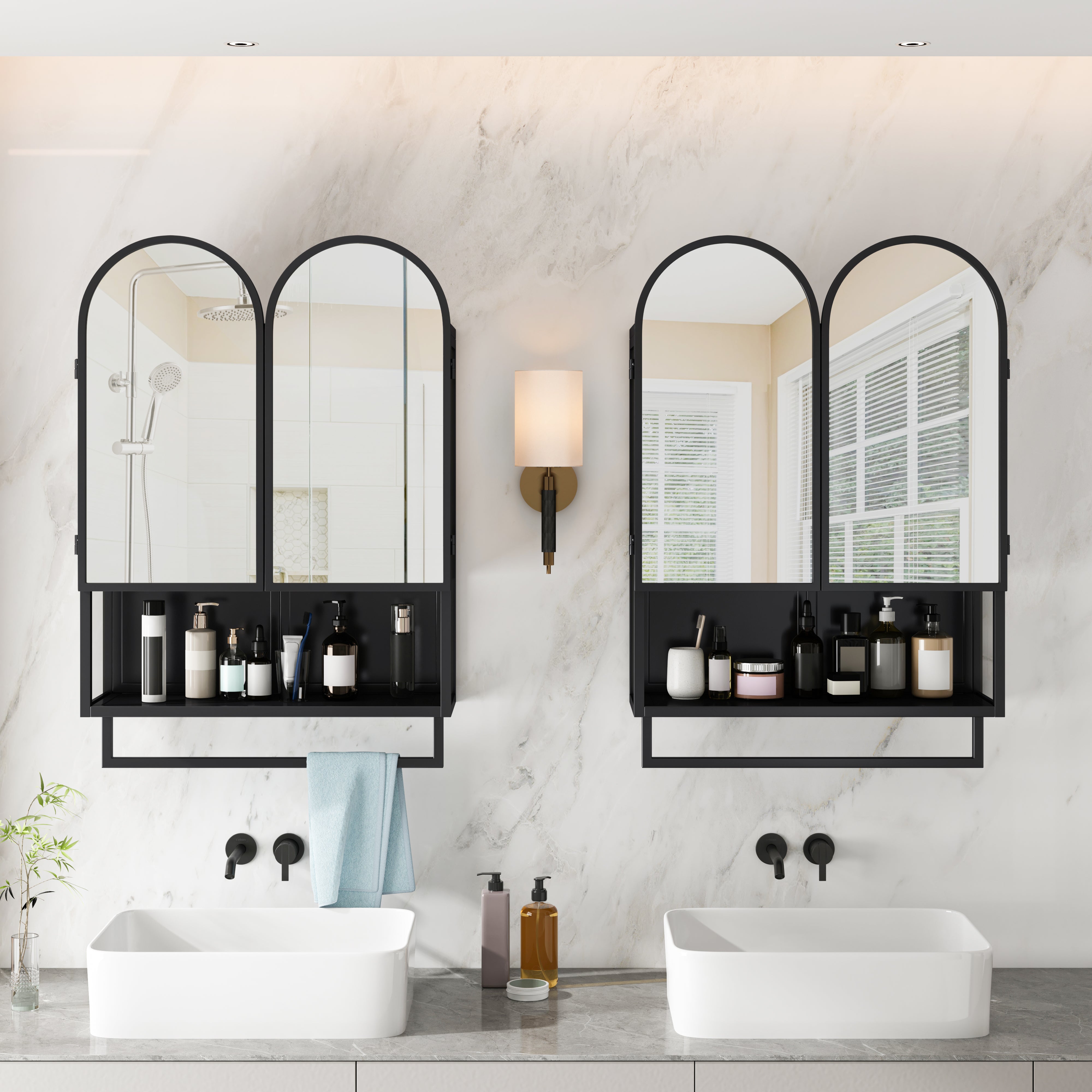 Mirror Cabinet 60CM Double-Arched 2 Doors Open Shelf Metal Black