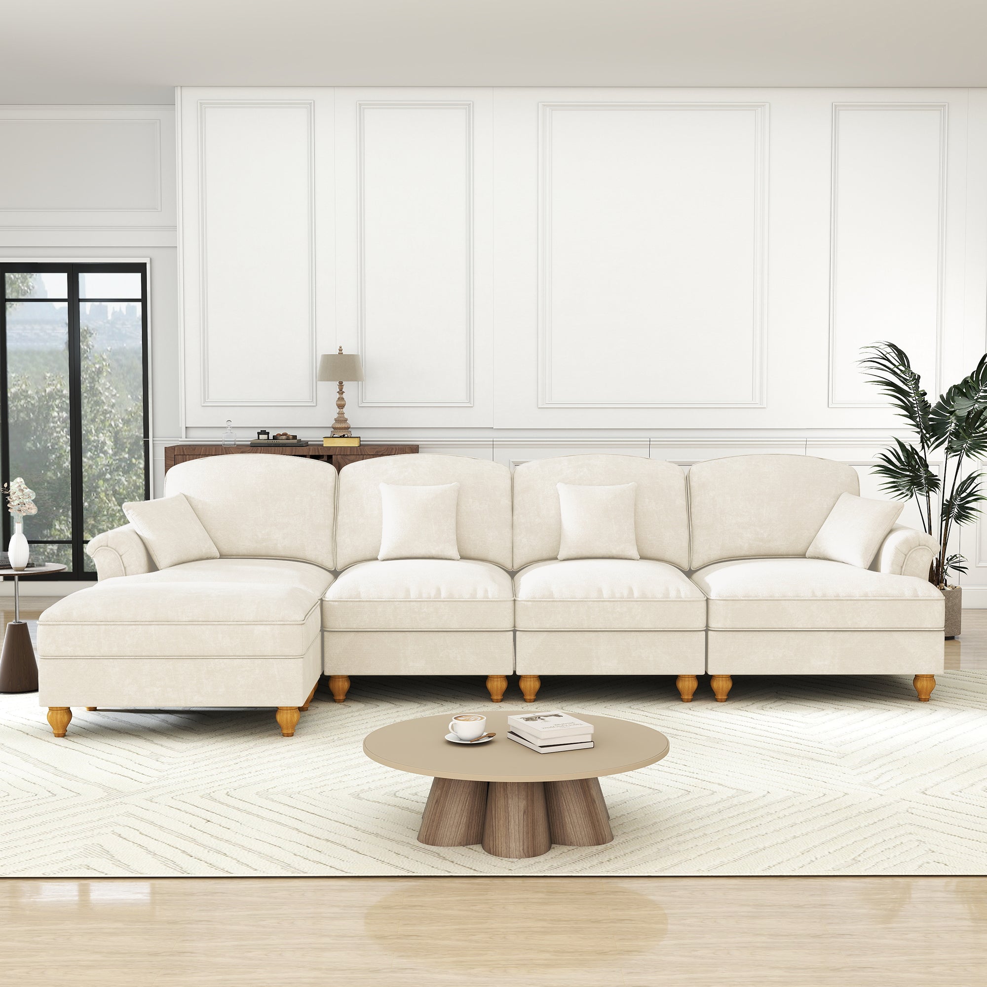 Modular L-Shaped 4-Seater Sofa with Movable Ottoman, Ruffled Apron, Spindle Legs Chenille White