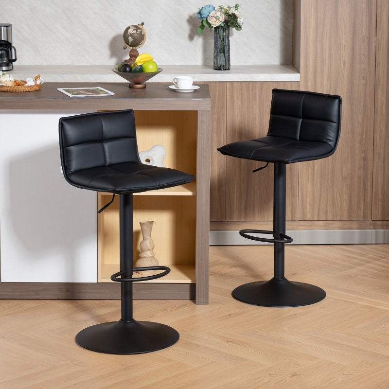 Set of Two Modern Bar Stools Adjustable Swivel Black Faux Leather