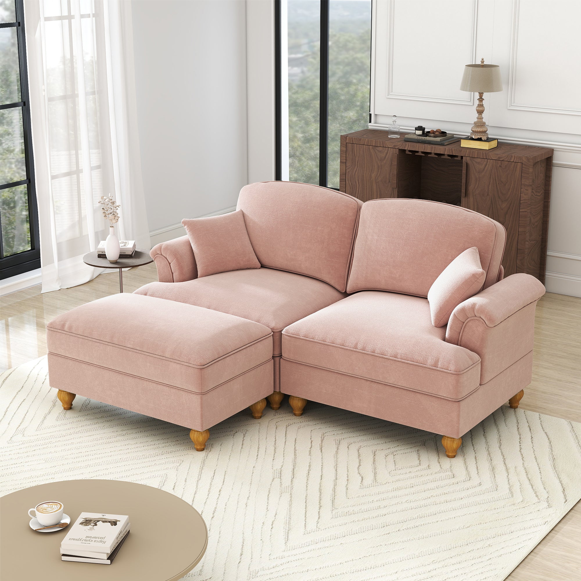 Modular L-Shaped Sofa Mid-Century 2-Seater Movable Ottoman - Pink Chenille