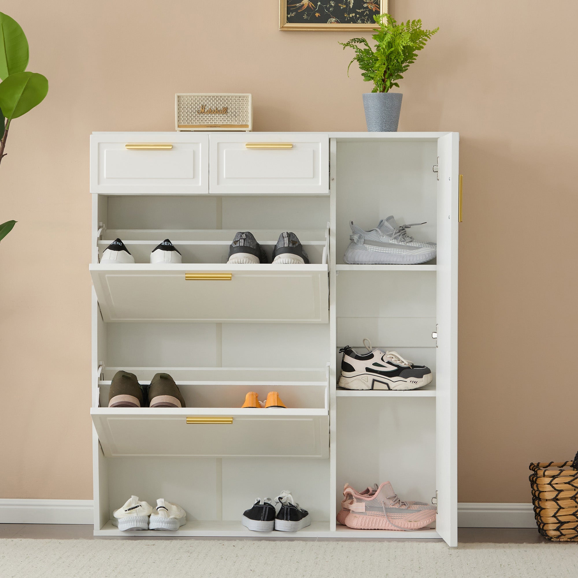 Modern Shoe Cabinet, adjustable shelves, gold handles, drawers, folding, white