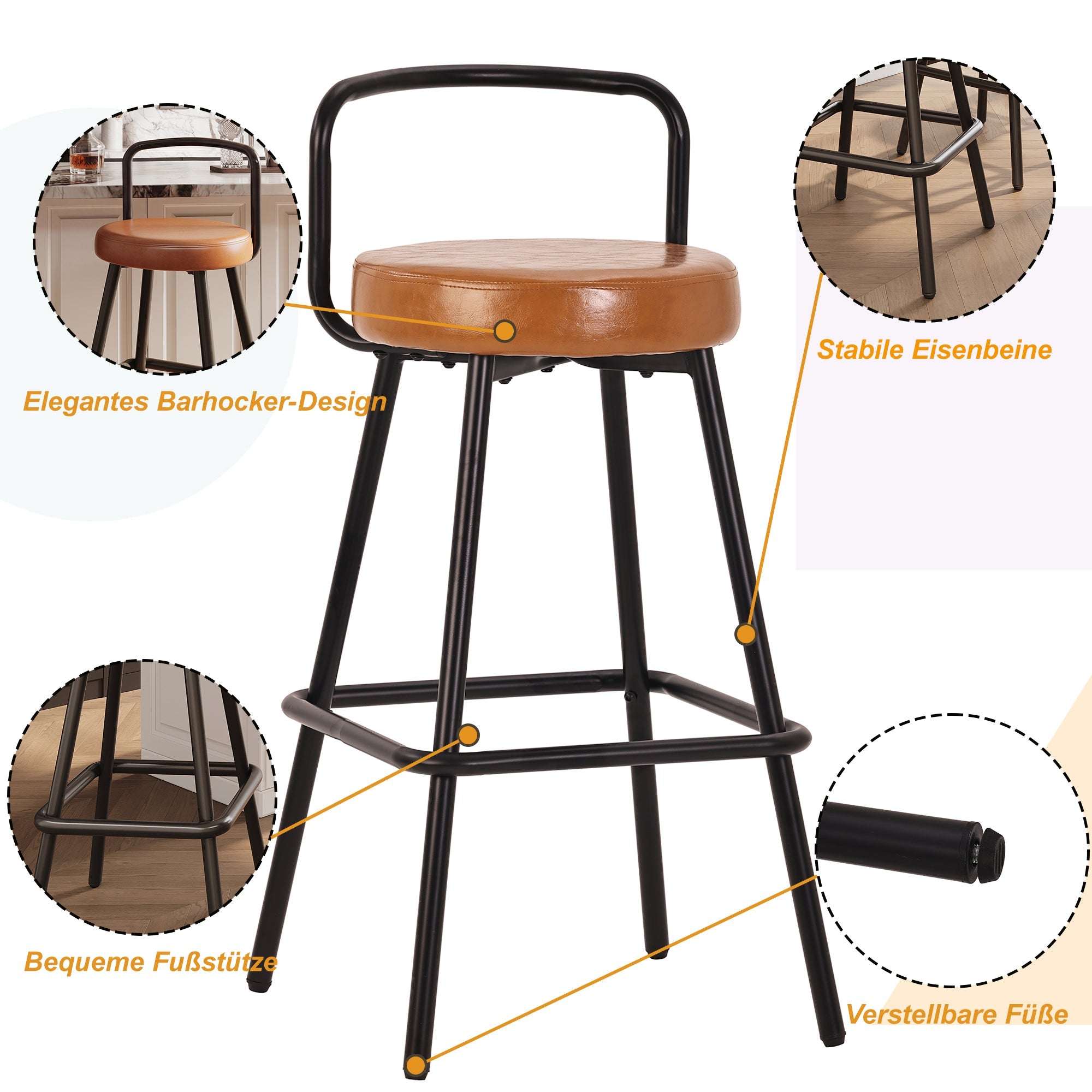 Modern Bar Stools Set of 2 with Ergonomic Backrest and Footrest, PU Leather and Iron, Brown