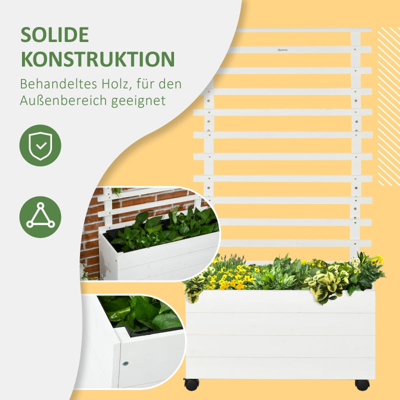 Pflanzkübel mit Rankgitter, Hochbeet mit Rollen, Naturholz Weiß
