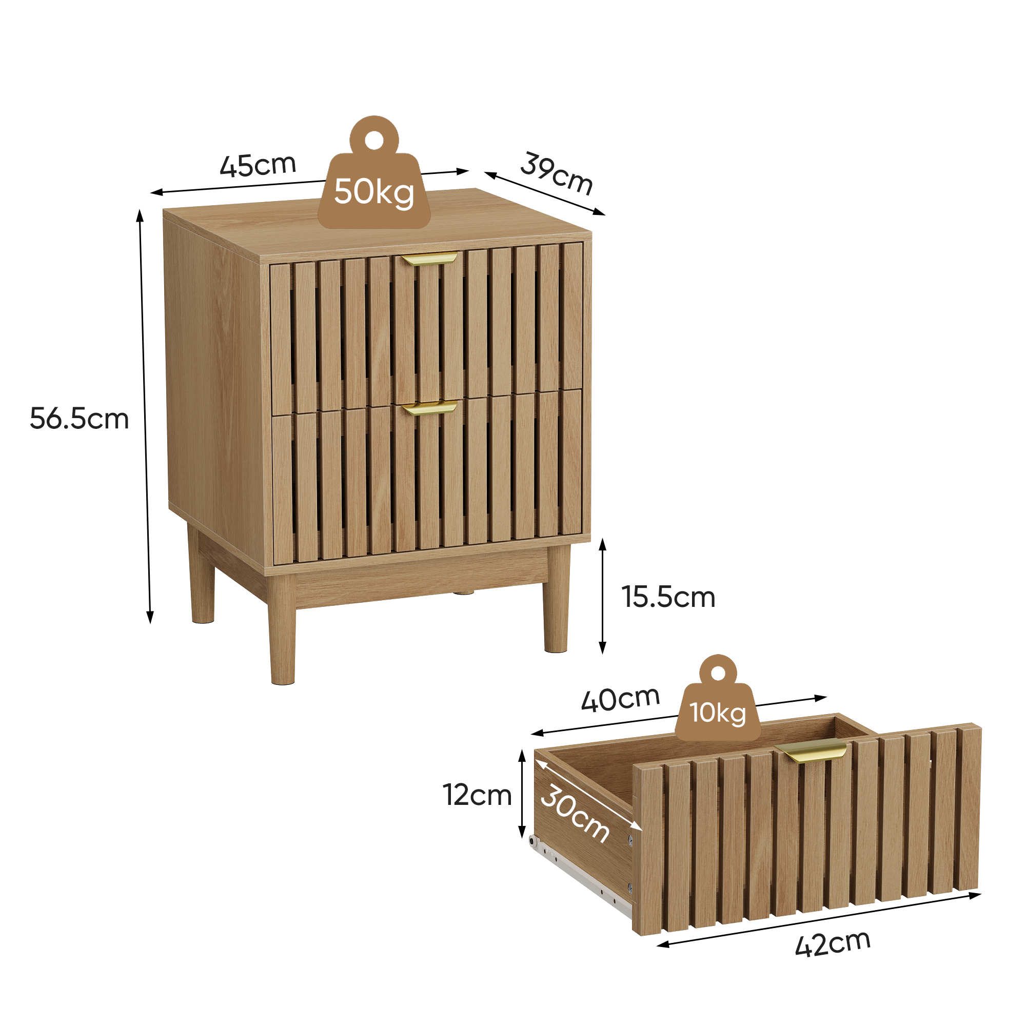 Mid-Century Modern Nightstand with 2 Drawers and Slatted Design, 45 x 39 x 56.5 cm, Oak-Colored Wood