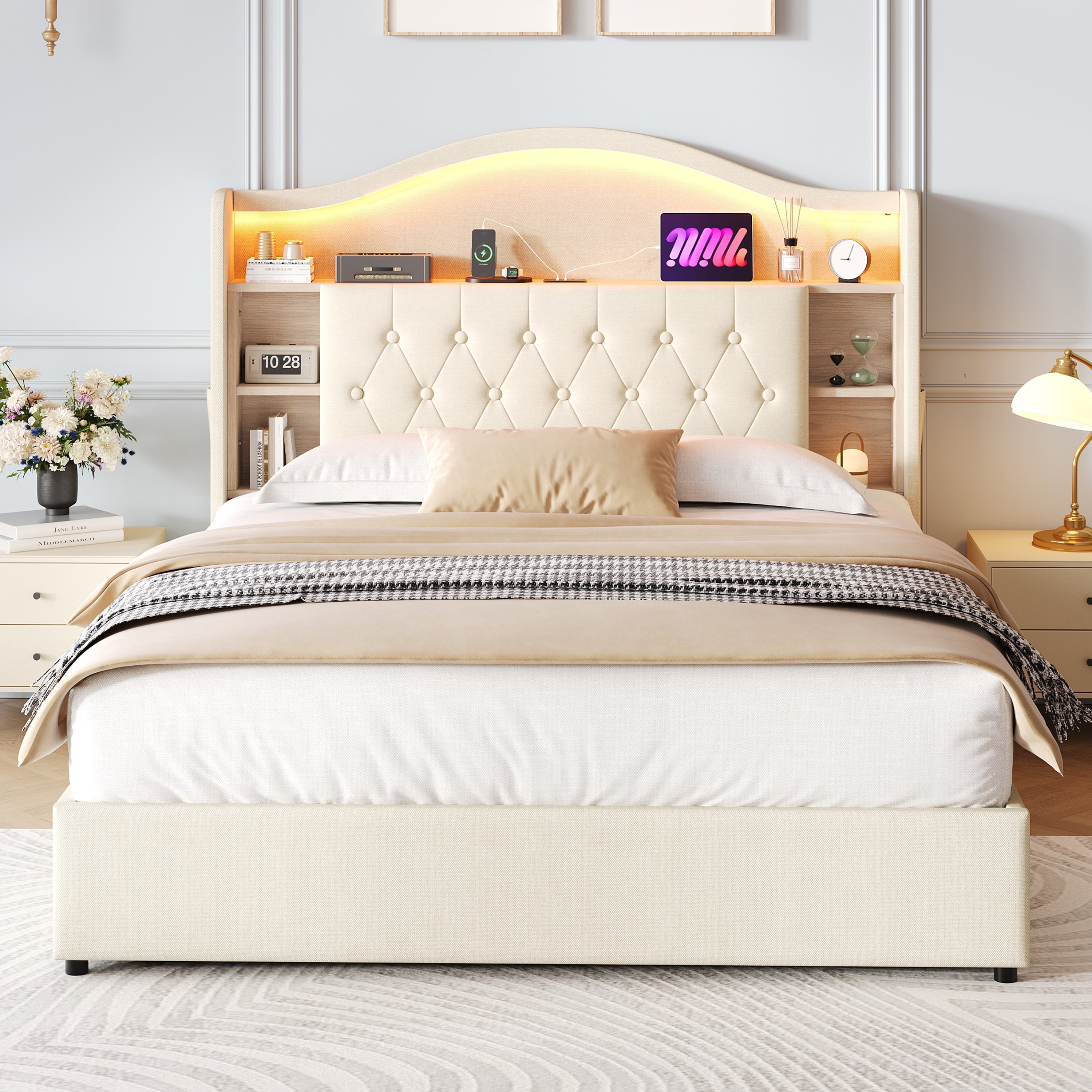 4ft6 Double Upholstered Bed Frame with Hydraulic Storage, LED Headboard & Charging Ports, Linen Beige
