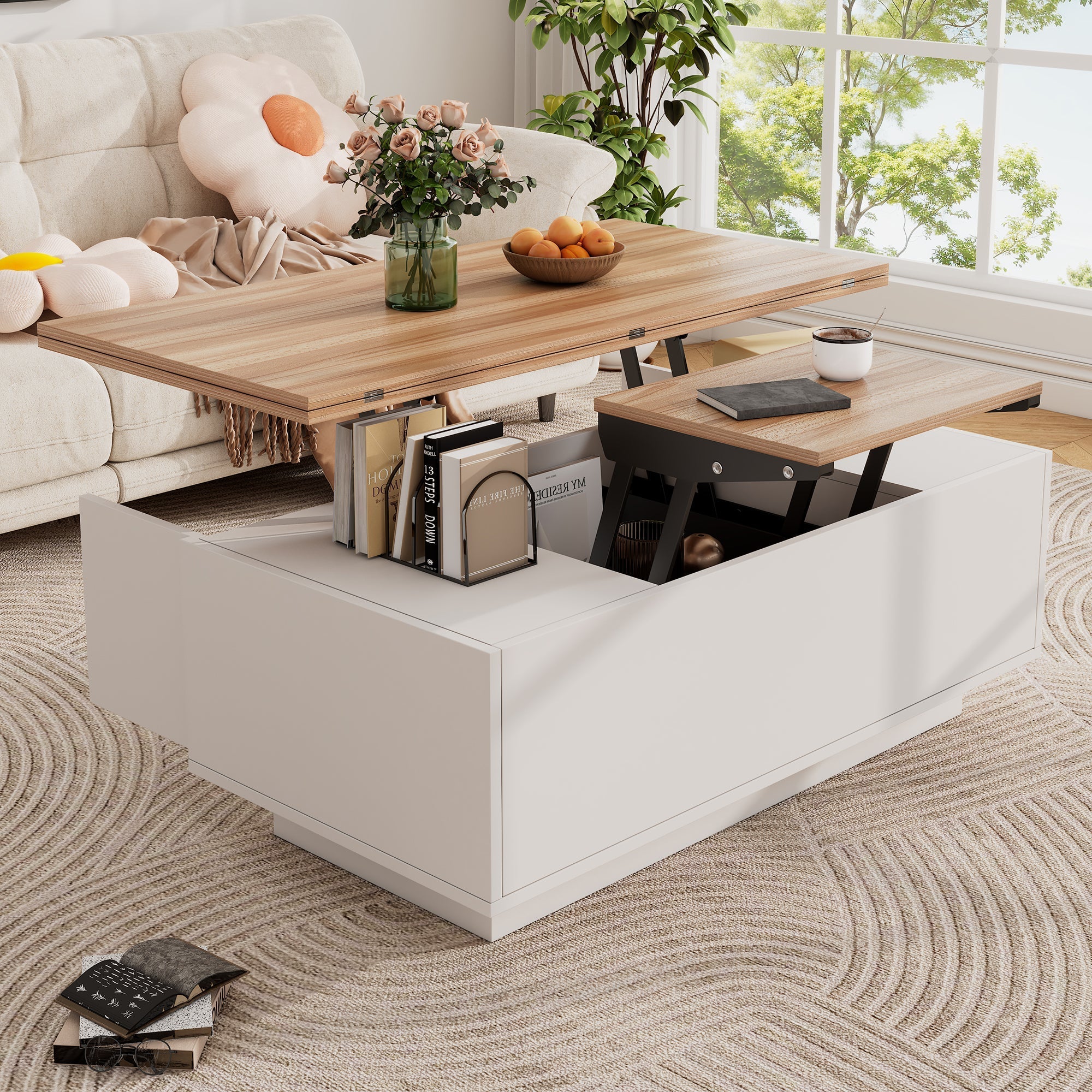 Lift Up Coffee Table Hidden Storage, 2 Lifting Platforms, White + Wood Particleboard