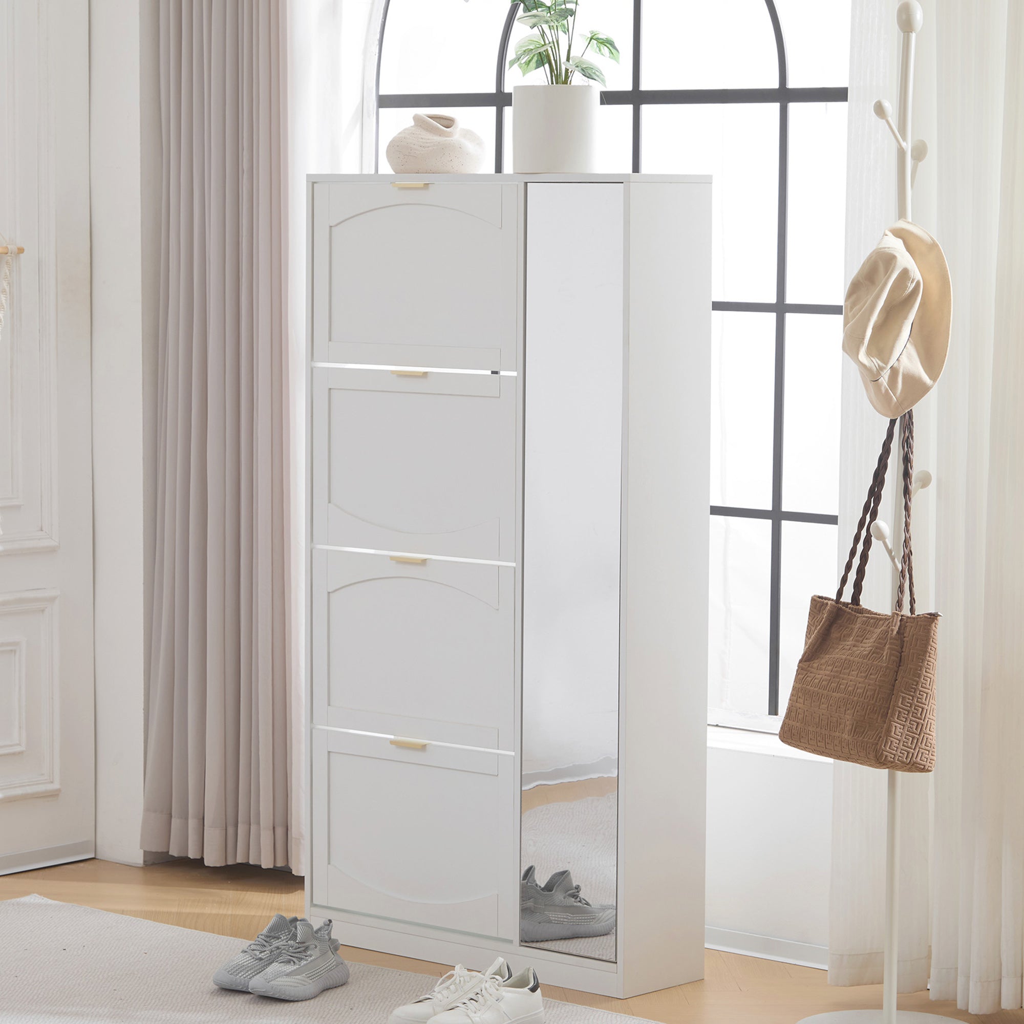 Shoe Cabinet with Mirror 4 Drawers Adjustable Shelf 80x147x24cm - White