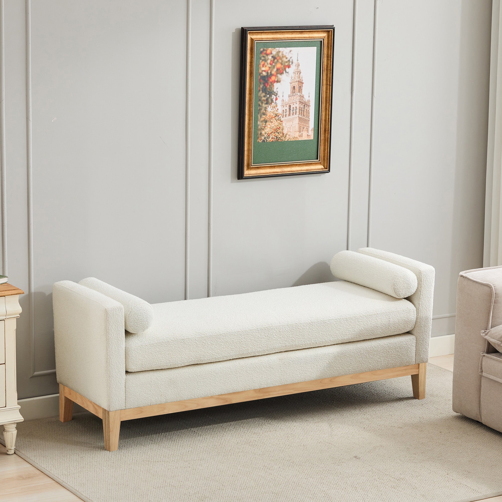 Elegant Upholstered Bench, Daybed Ottoman with Wood Legs and 2 Bolster Pillows, Ivory Boucle