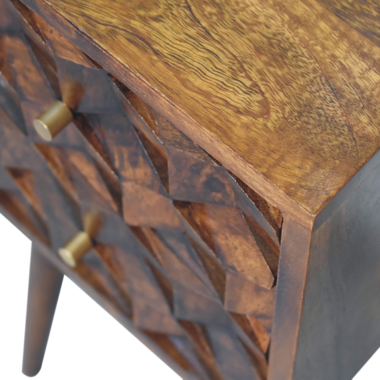 Solid Wood Mini Chestnut Cube Bedside, 2 Drawers, Dark Brown