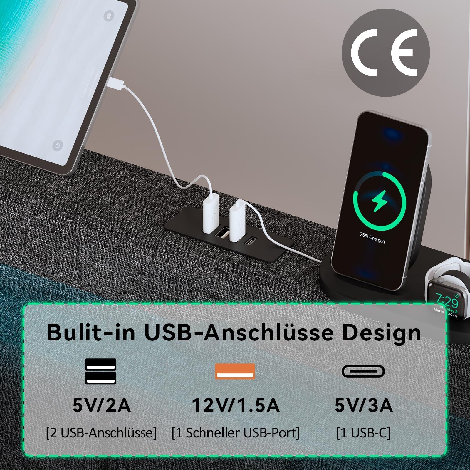 Upholstered Bed 160×200, Double Storage with App Control LED & USB-C, Linen Grey