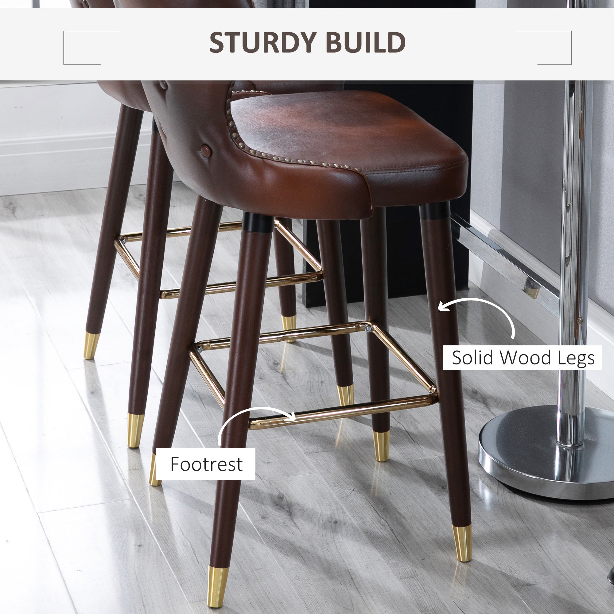 Bar Stools Set of 2, Counter-Height Kitchen Stools with Back, Brown PU Leather