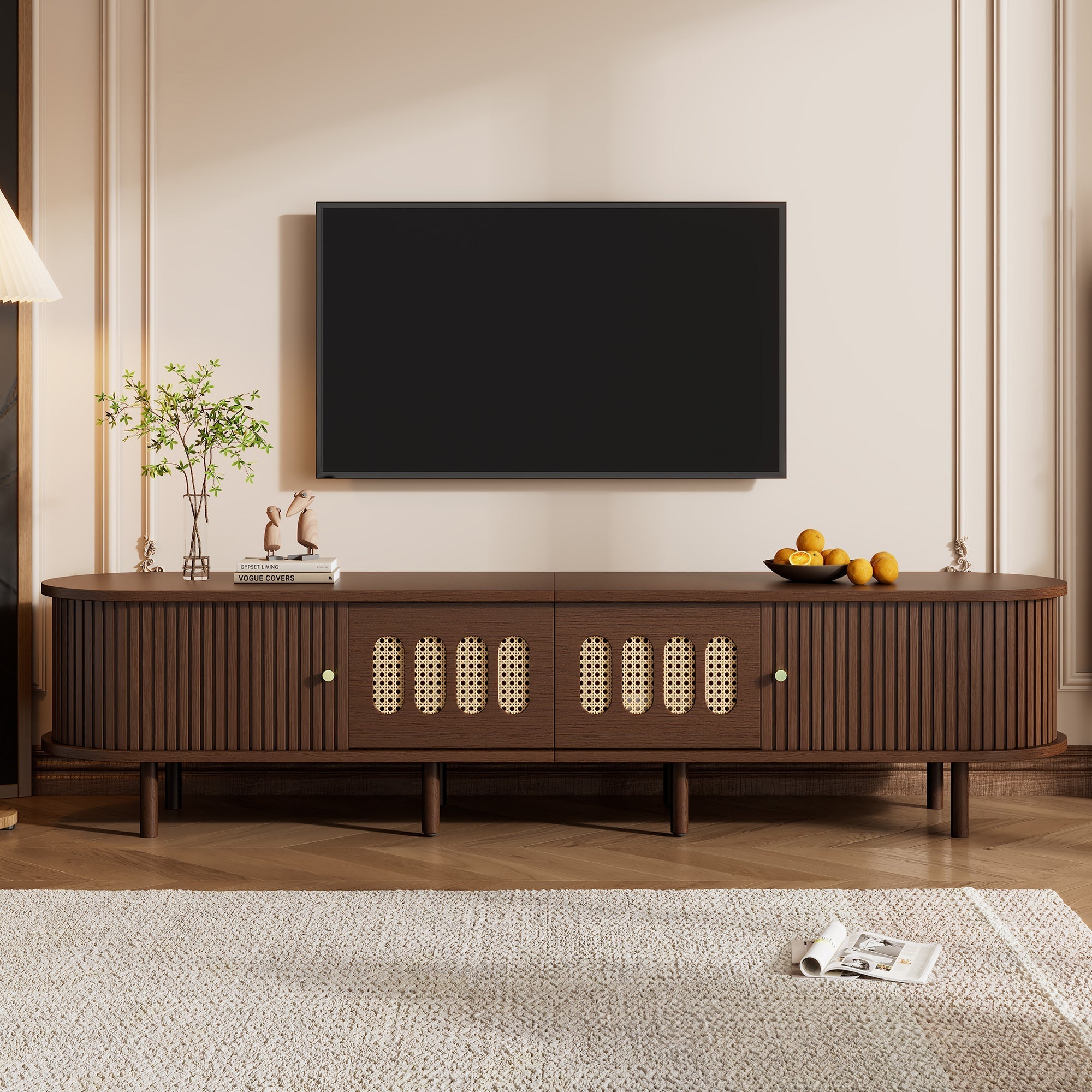 Oval TV Stand Rattan Design 180cm 2 Drawers - Dark Walnut
