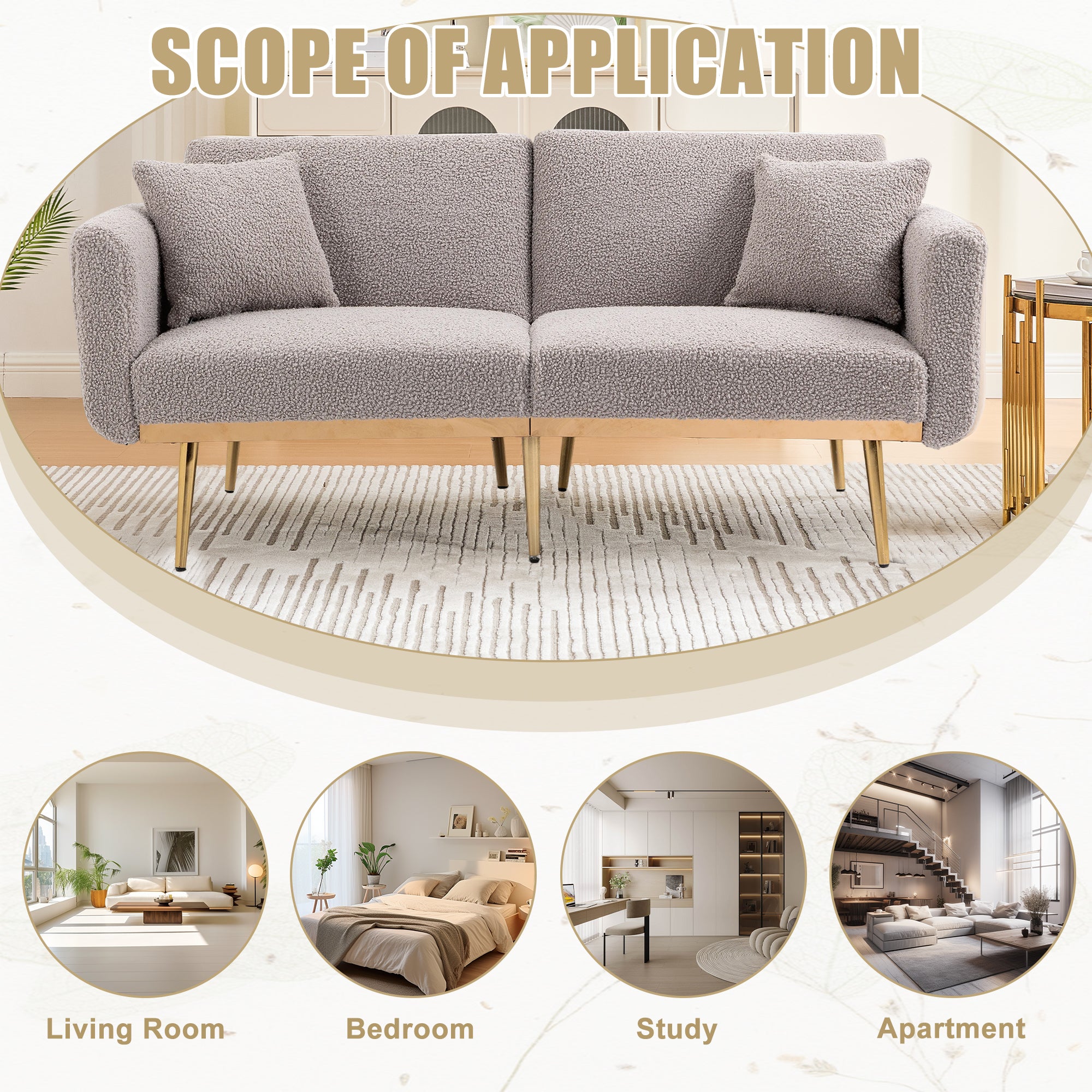 GOMYWAY Modern 2-Seater Sofa 3-Speed Adjustable Backrest Gold Metal Legs Grey Teddy