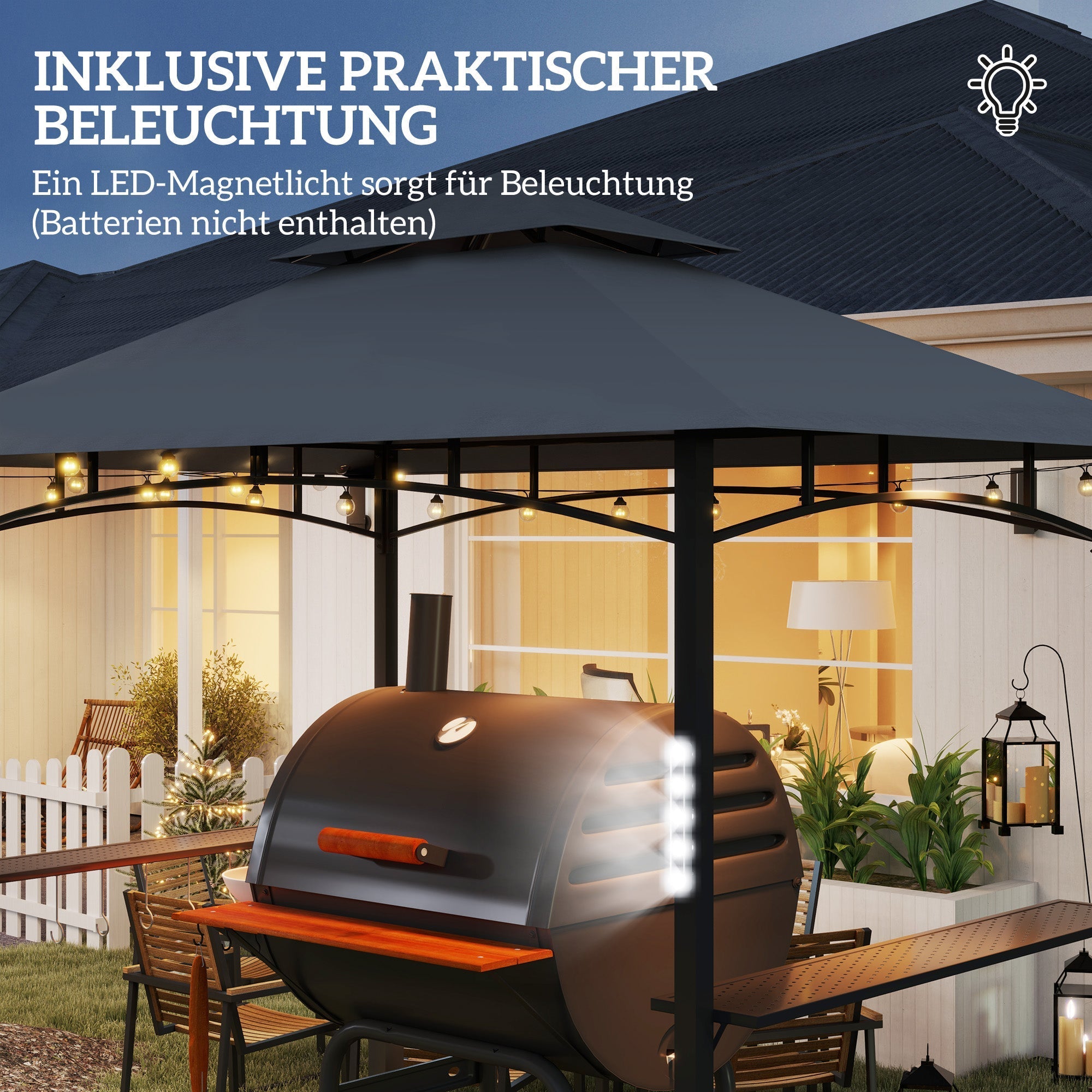 Grill Gazebo LED Lighting, Double Roof, Side Shelves, Waterproof Metal Grey
