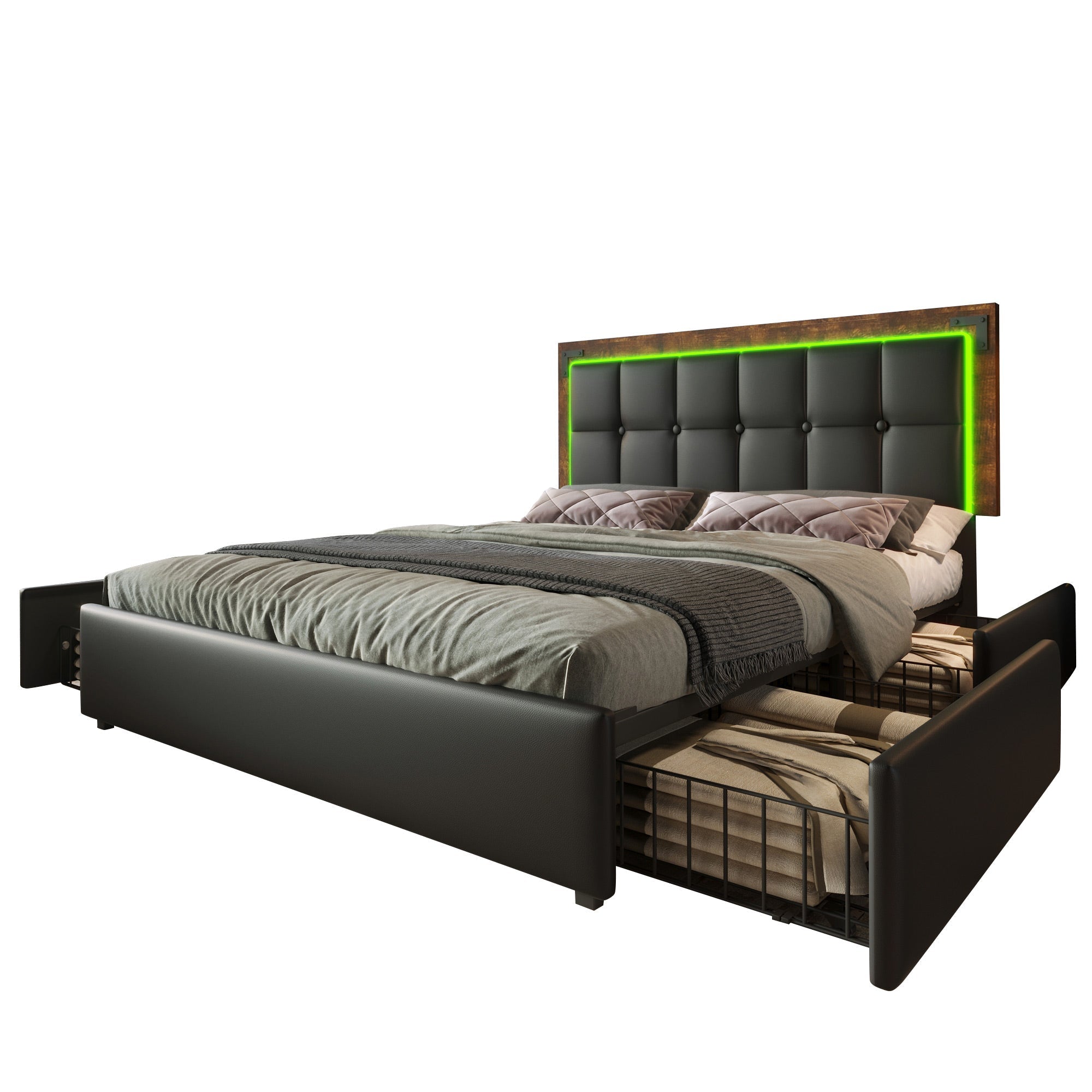 Bed Frame, LED Lighting, 4 Drawers, Adjustable Headboard, Double 140x200cm, PU Black