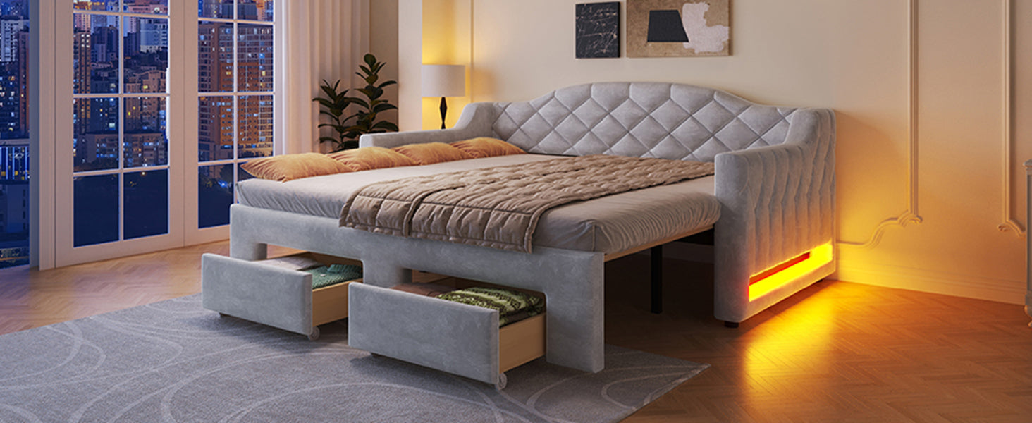 Upholstered Daybed with Two Drawers and LED Lighting, 90x200 to 180x200cm, Grey