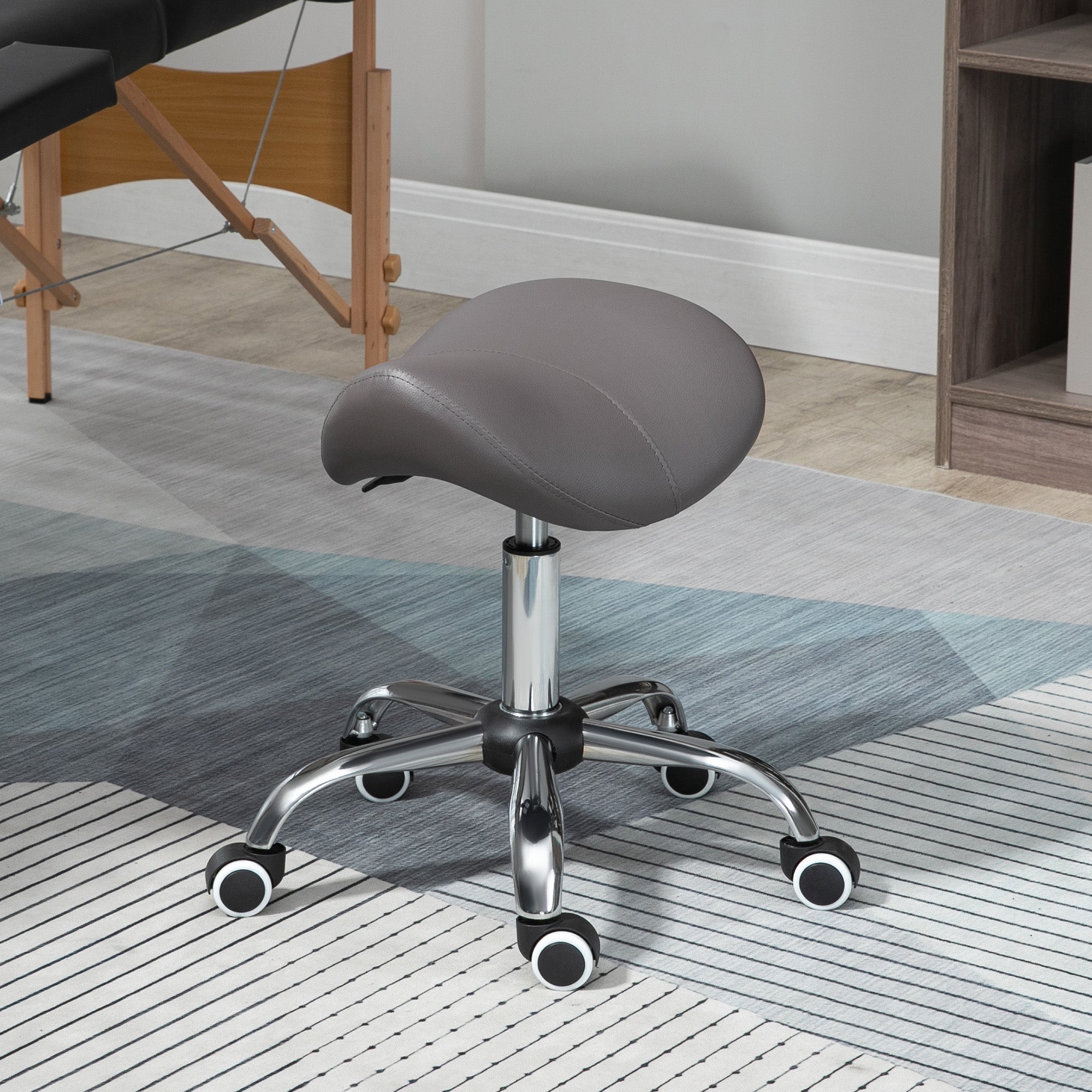 Cosmetic Saddle Stool, 360° Rotate Height Adjustable Rolling, Faux Leather Grey