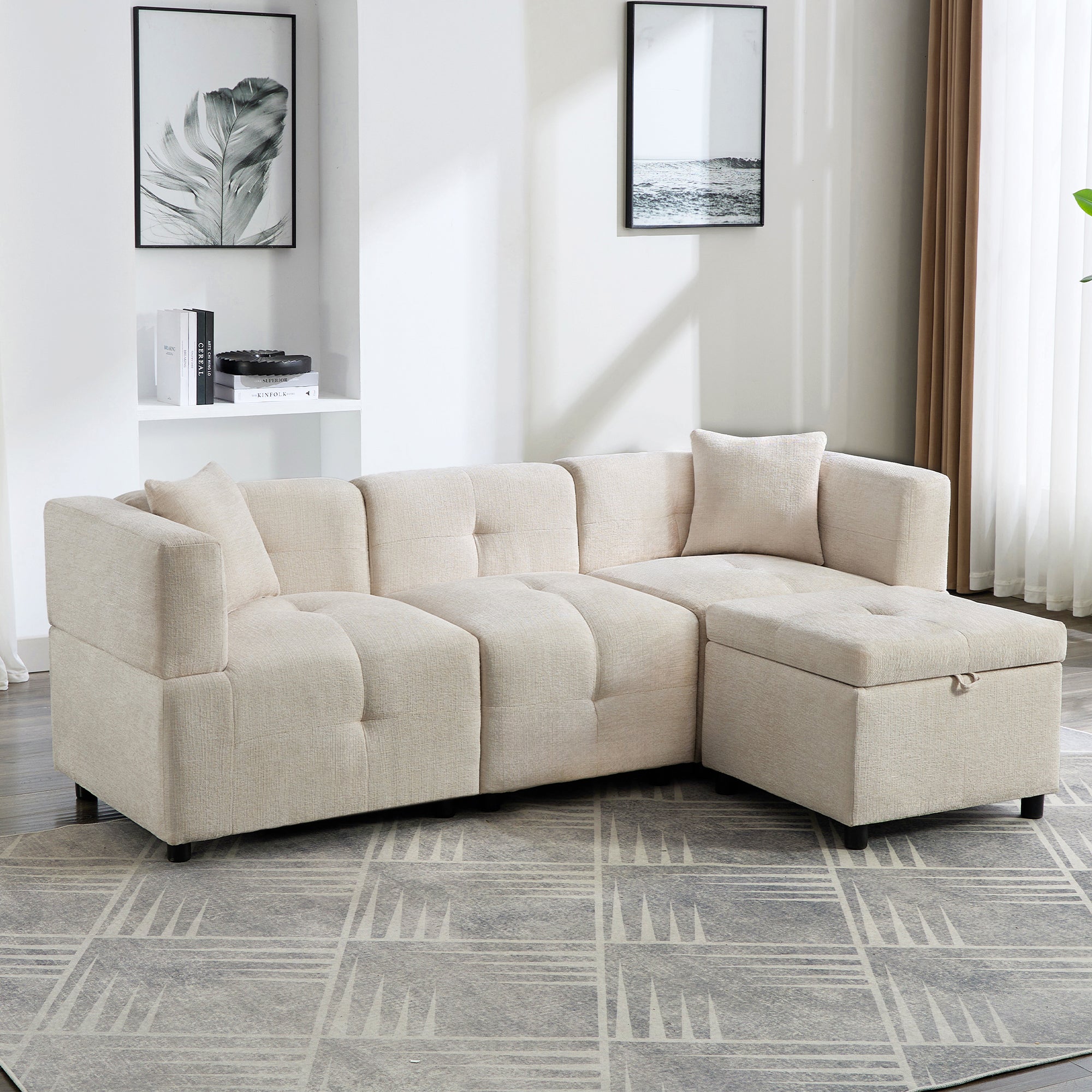 Sofa, 3-Seater L-Shaped Corner with Storage & Removable Footstool, 2 Cushions
