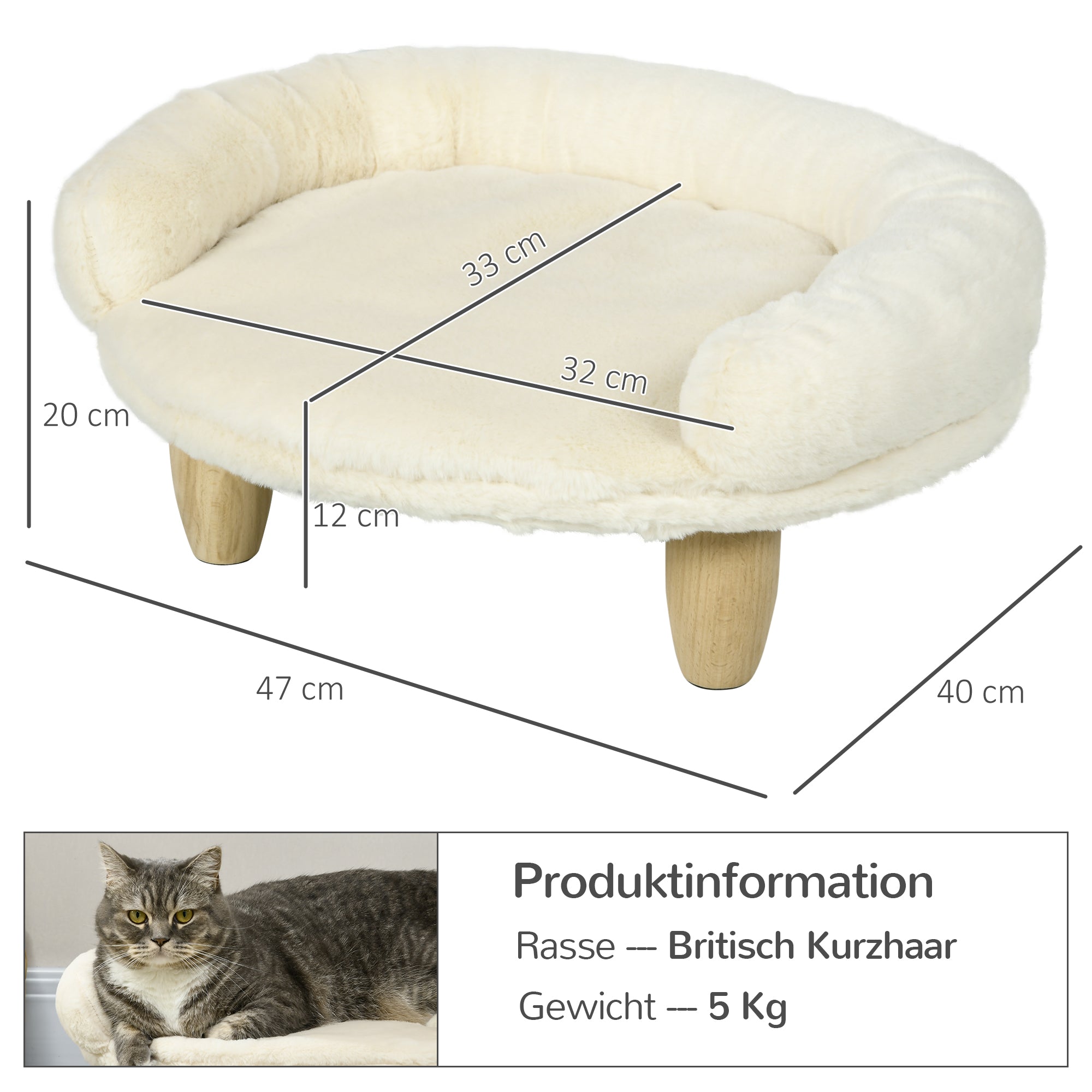 Gemütliches Haustiersofa, erhöhtes Design, Hund Katze, Flanell, Cremefarben