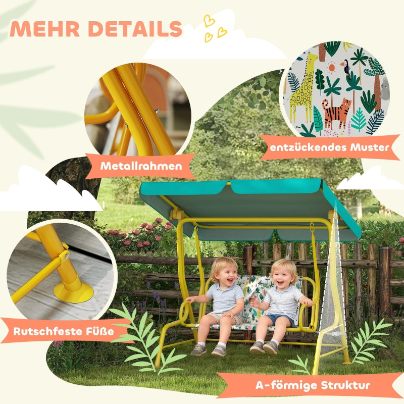 Children's Hollywood Swing with 2 Seats, Adjustable Canopy and Safety Belt, Green