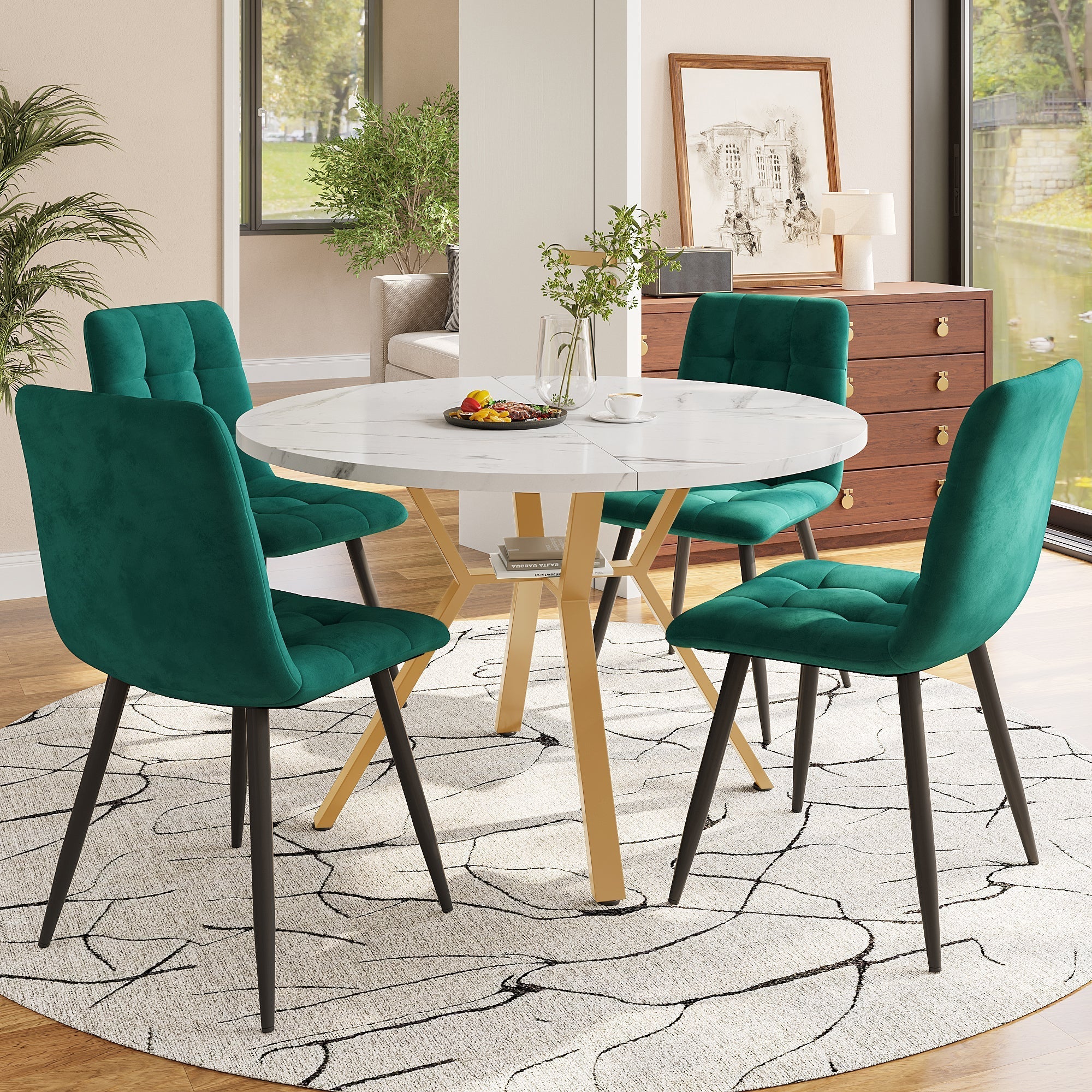 Dining table set (5-piece), modern simple round marble with gold-coloured metal table legs & 4 ergonomic velvet chairs, green