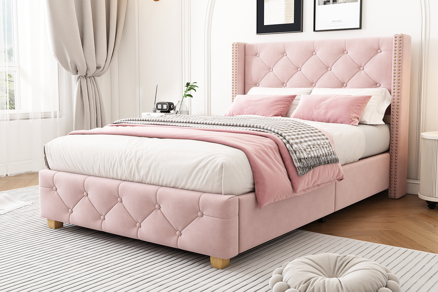 Pink Velvet Upholstered 3ft Single Bed with Slatted Frame